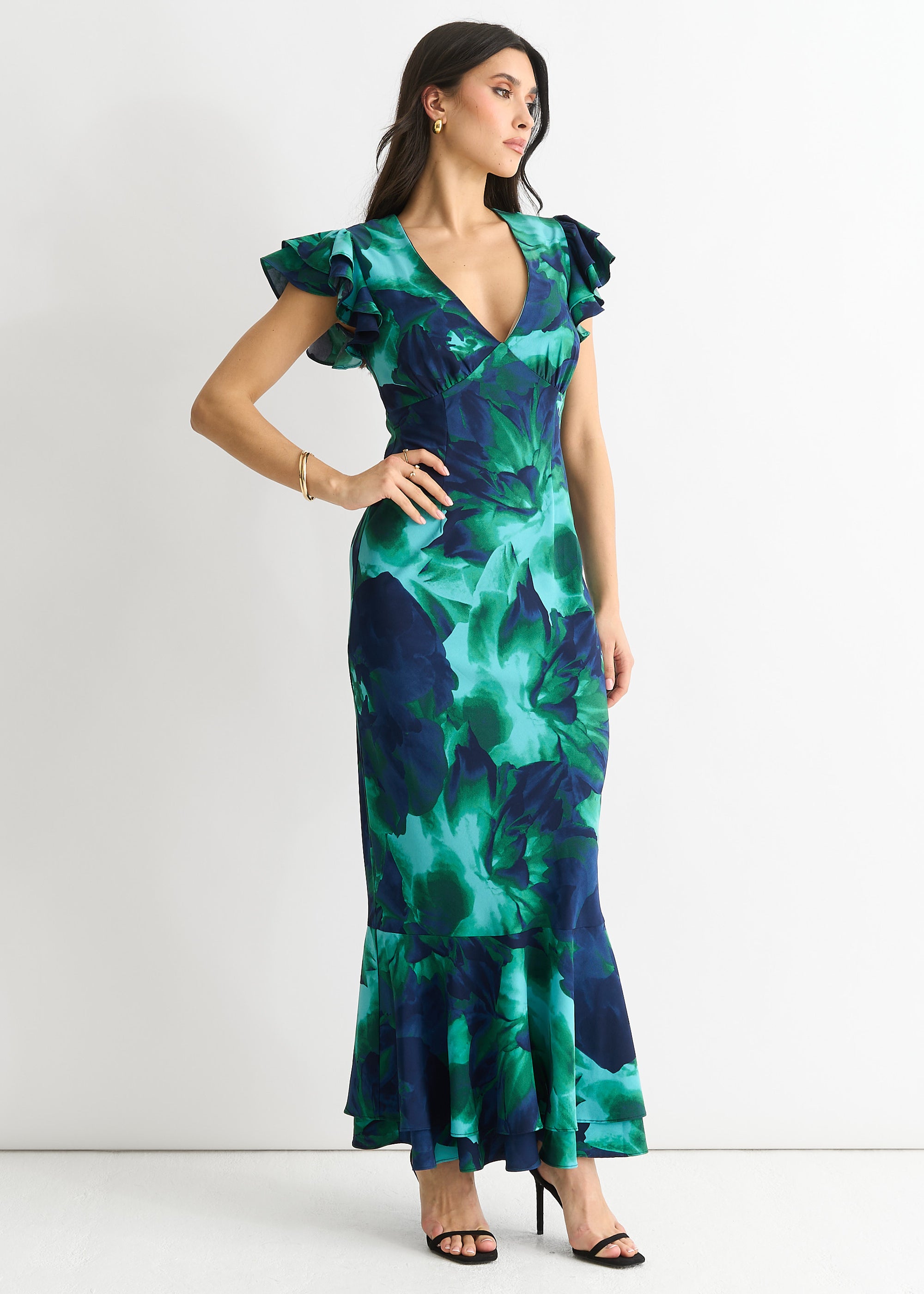 Green Watercolour Floral Maxi Dress