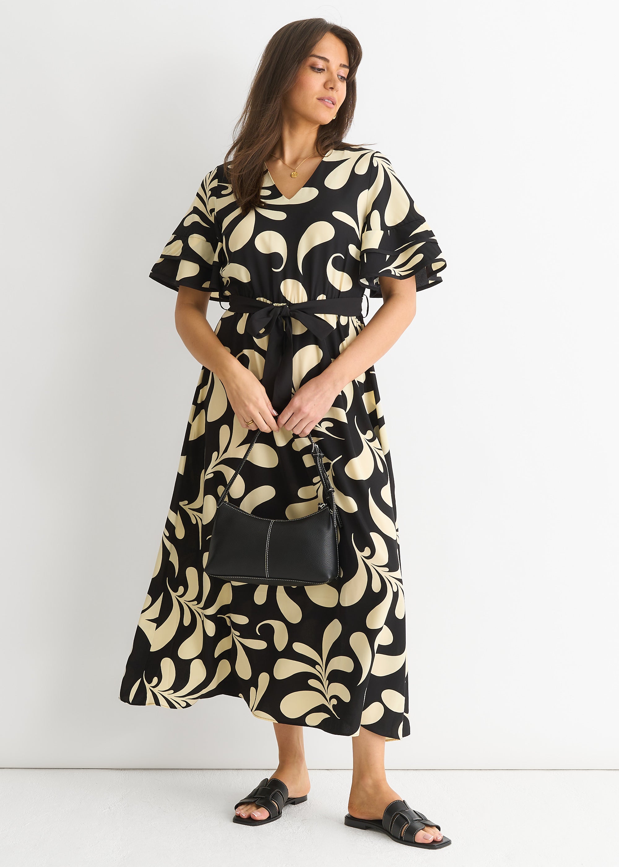 Floral V Neck Elasticated Waist Midi Dress