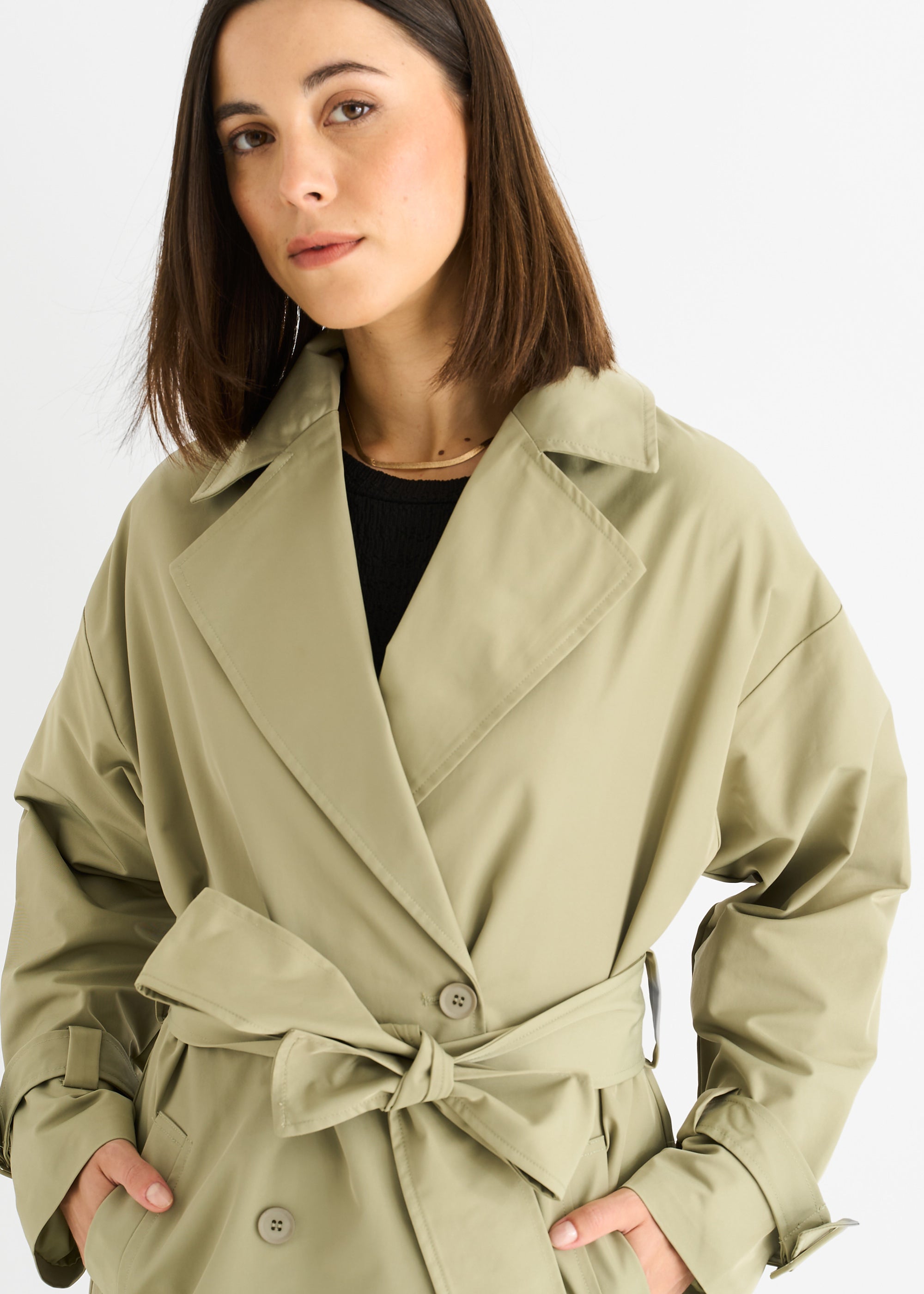Sage Green Double Breast Longline Belted Trench Coat