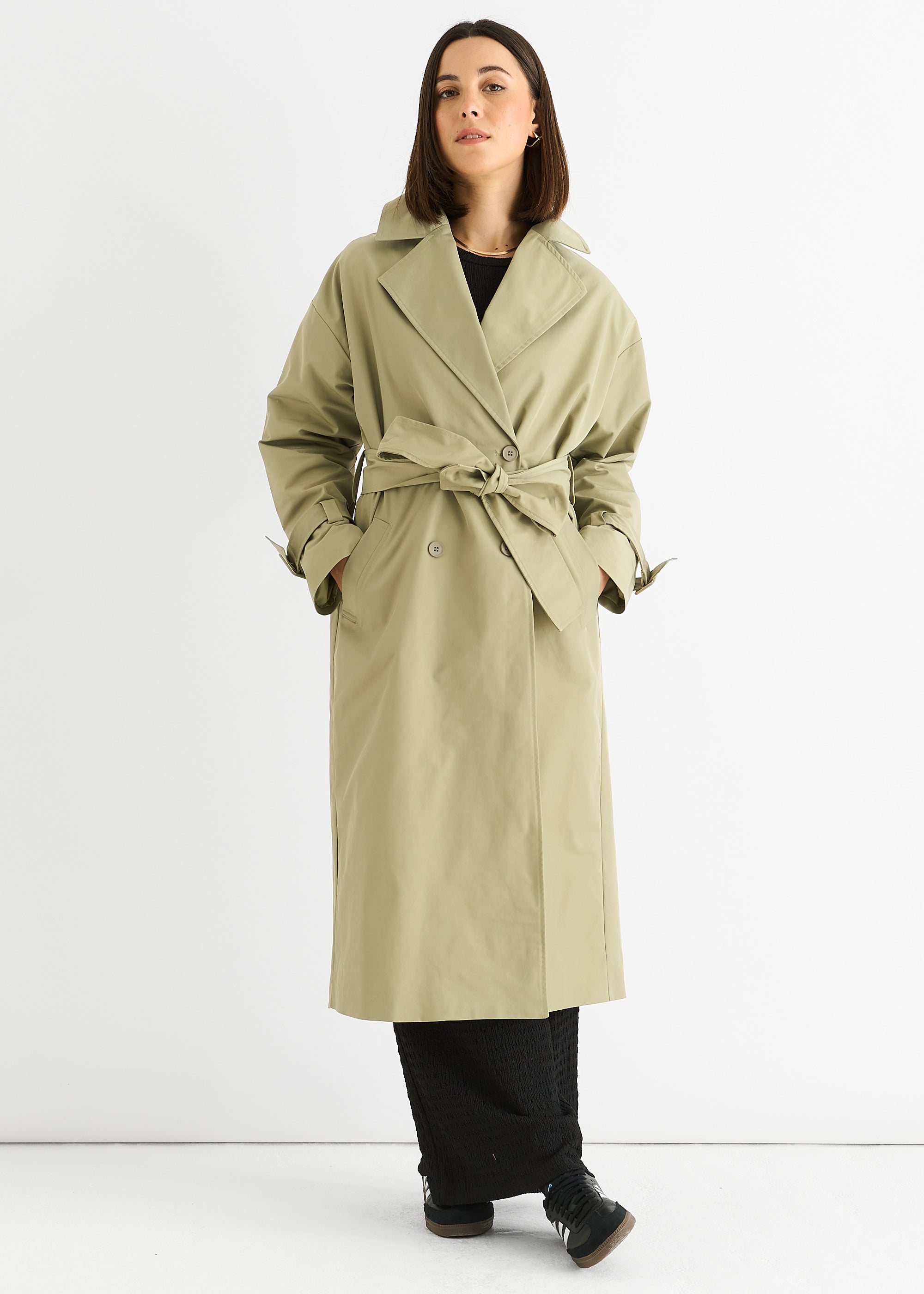 Sage Green Double Breast Longline Belted Trench Coat