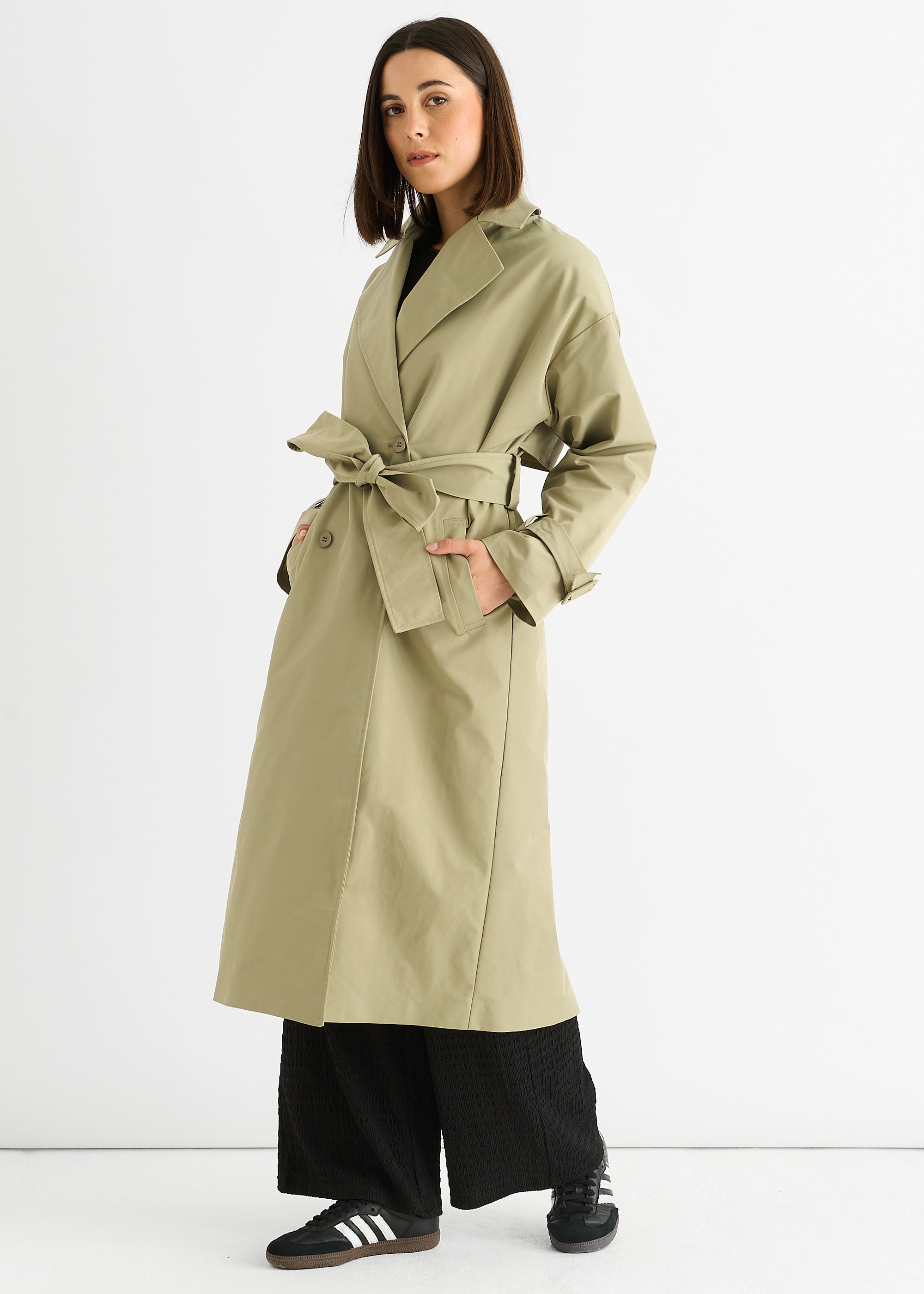 Sage Green Double Breast Longline Belted Trench Coat