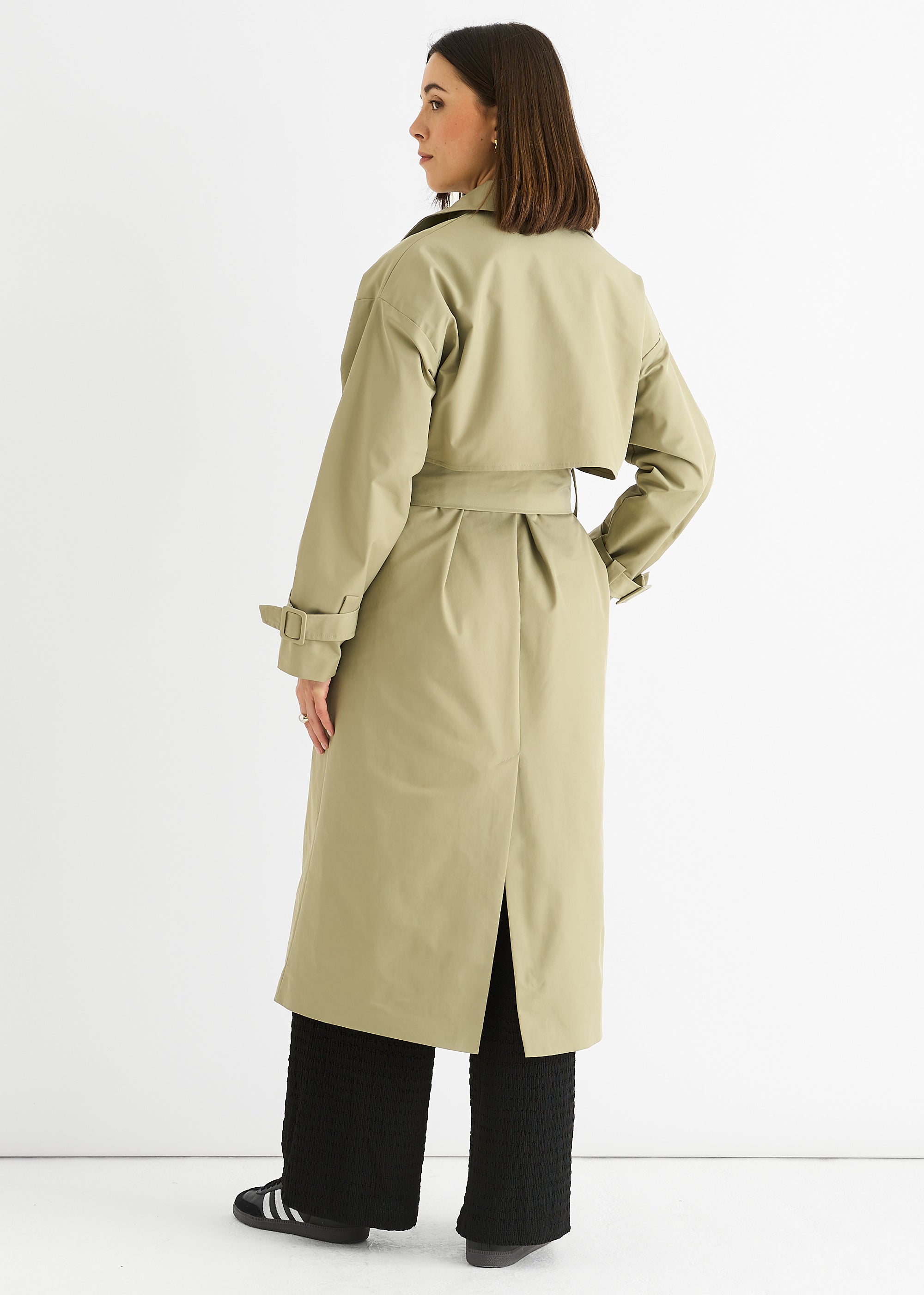 Sage Green Double Breast Longline Belted Trench Coat