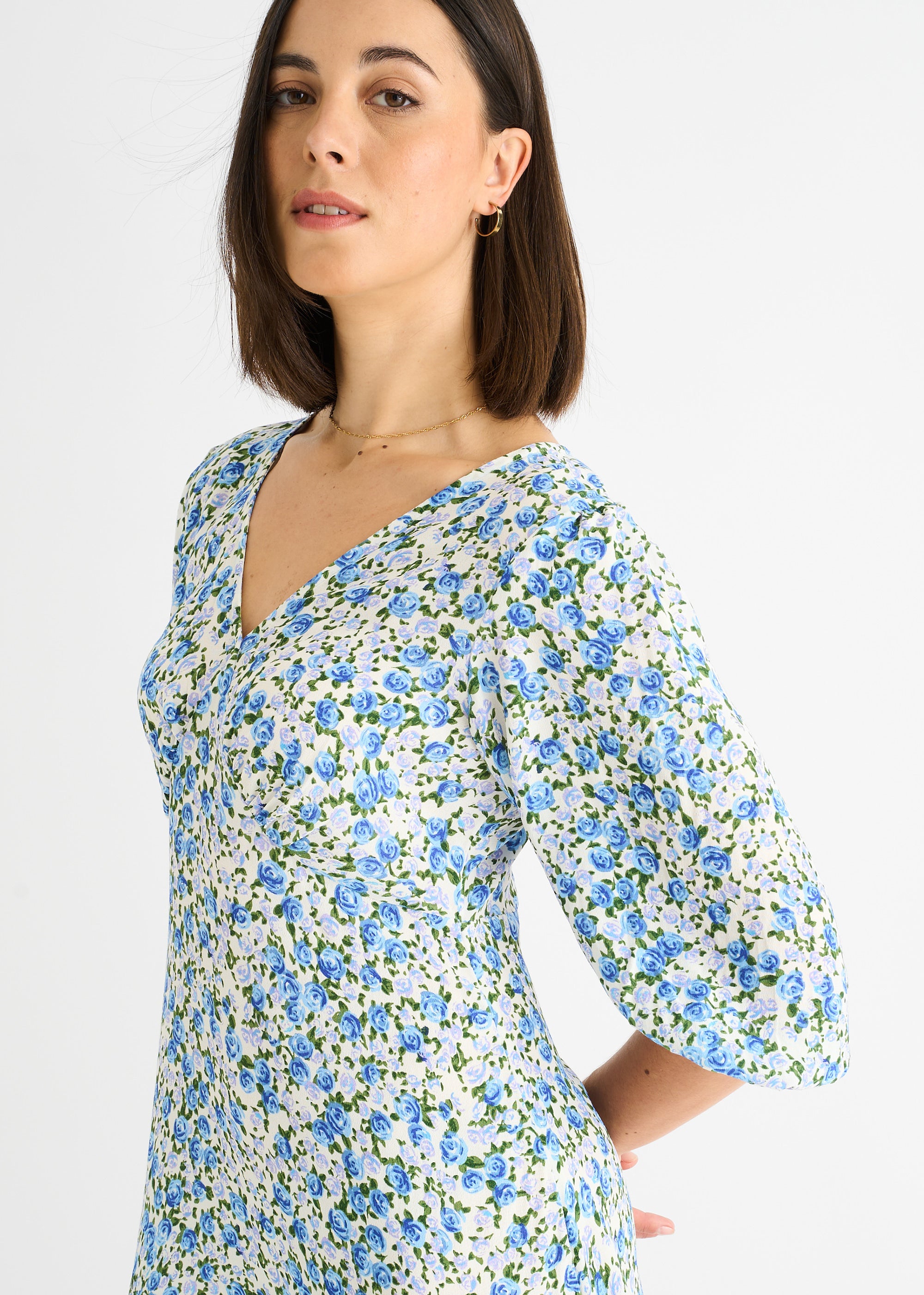 Blue Floral Print Viscose Midi Dress