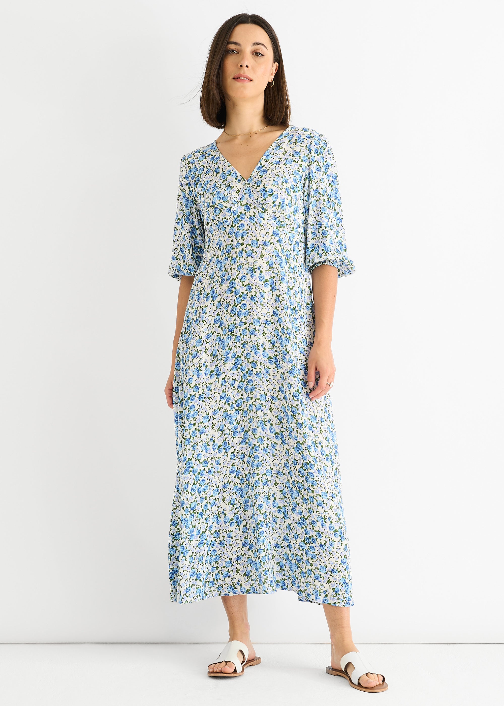 Blue Floral Print Viscose Midi Dress