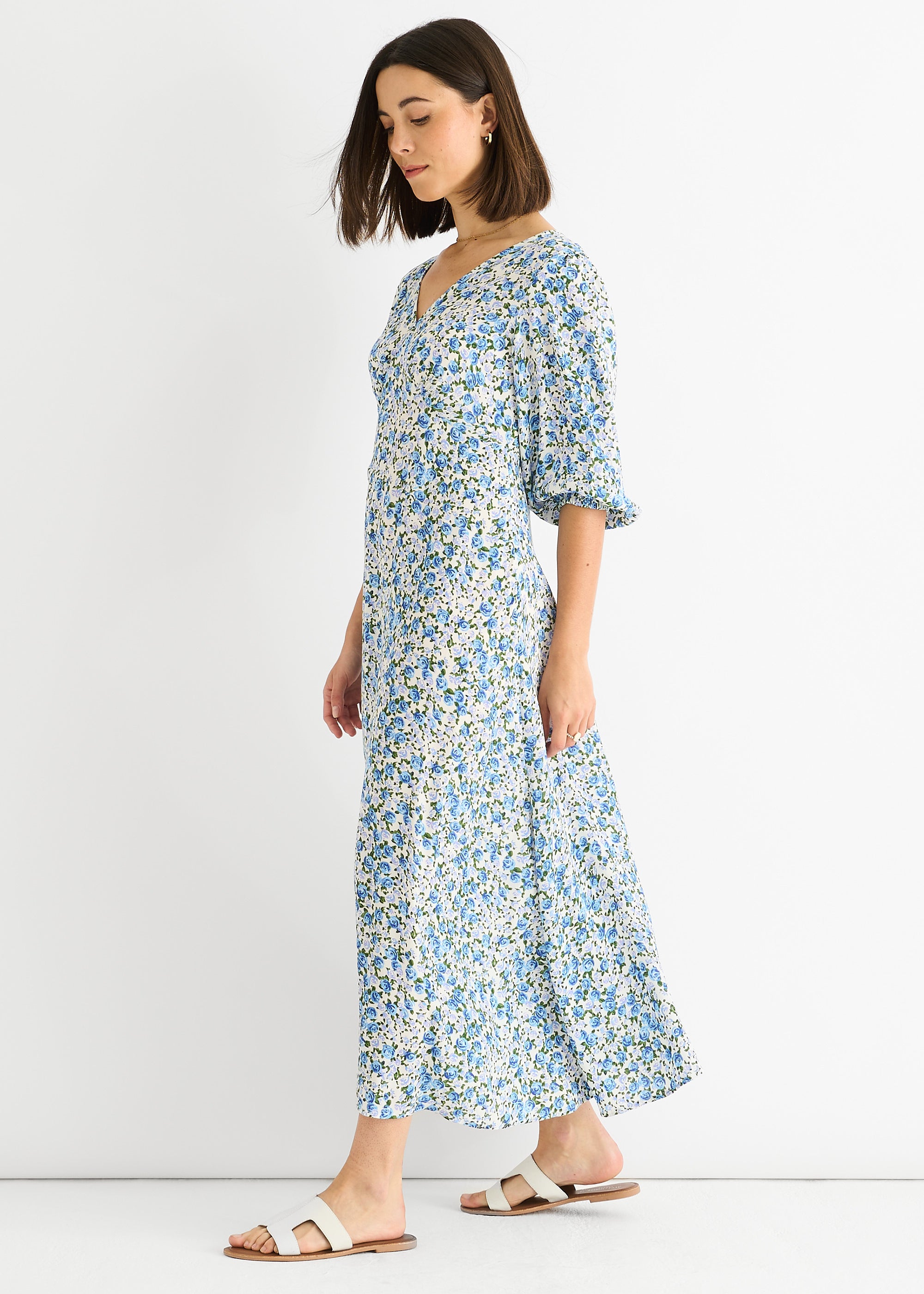 Blue Floral Print Viscose Midi Dress