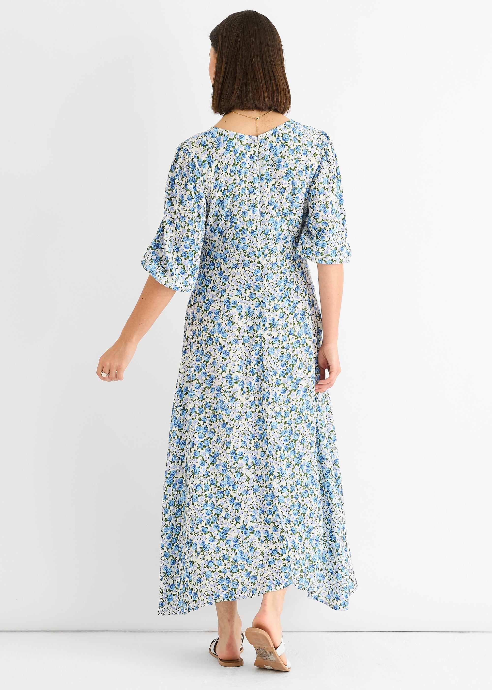 Blue Floral Print Viscose Midi Dress