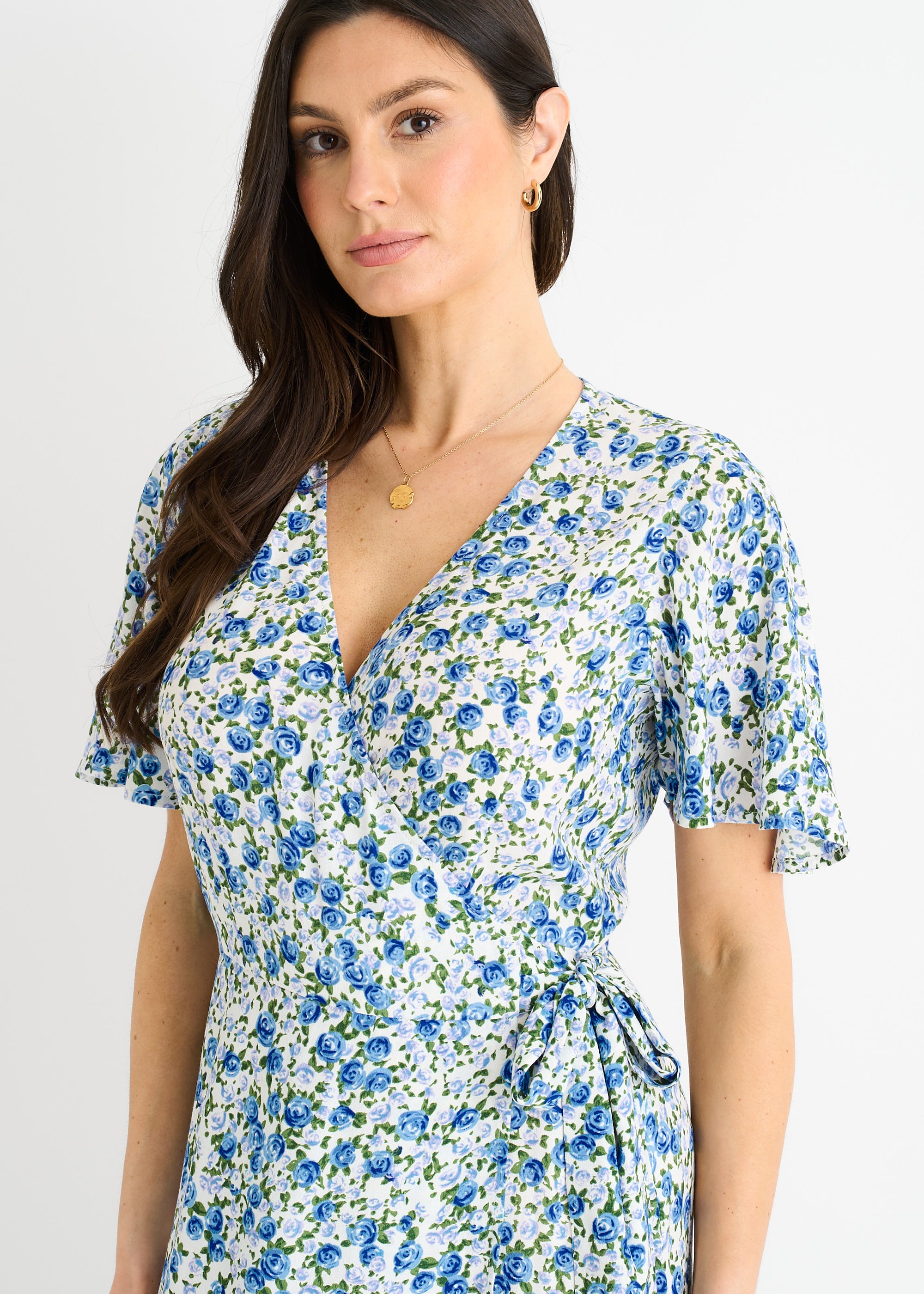 Blue Floral Wrap Midi Dress
