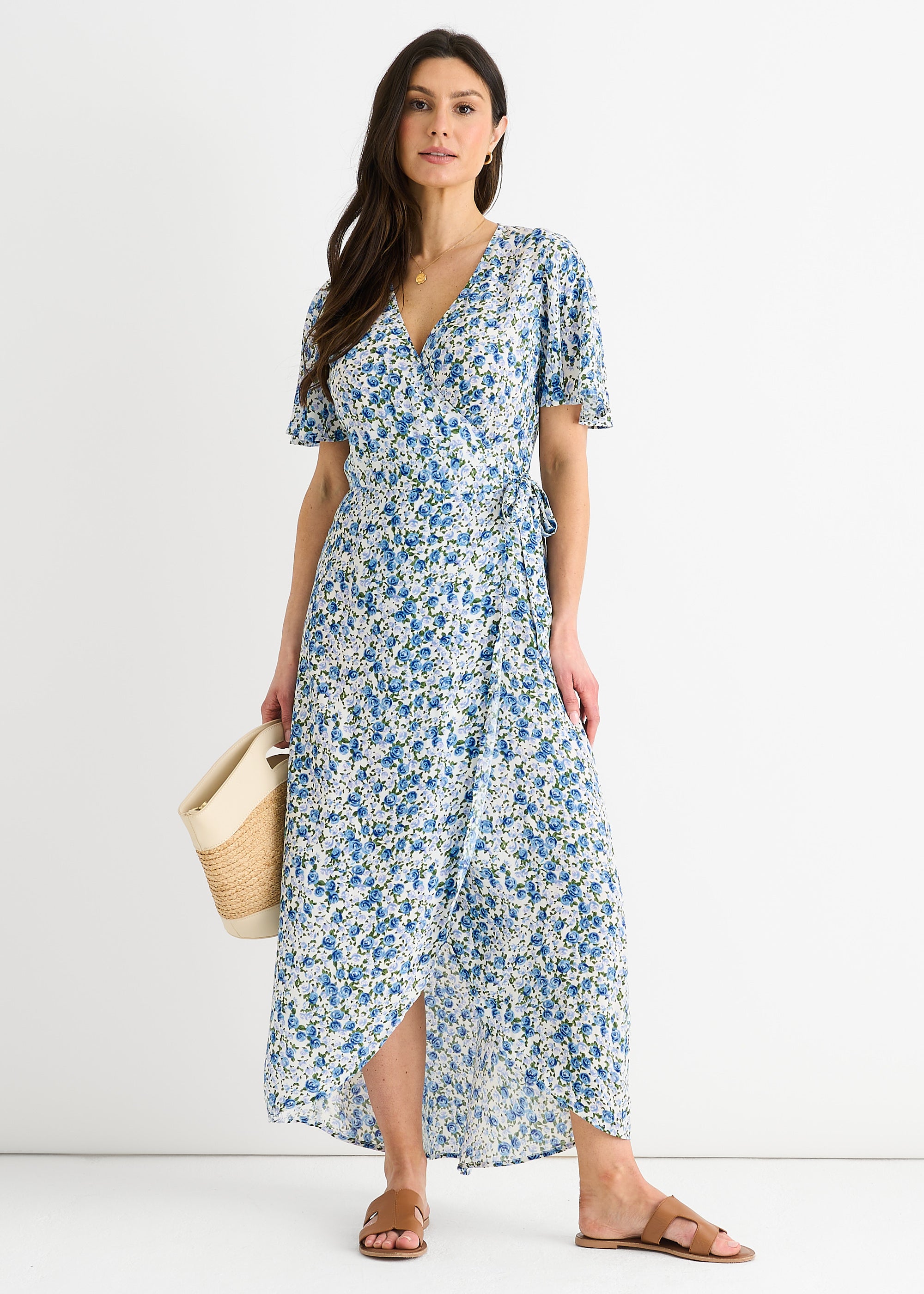 Blue Floral Wrap Midi Dress