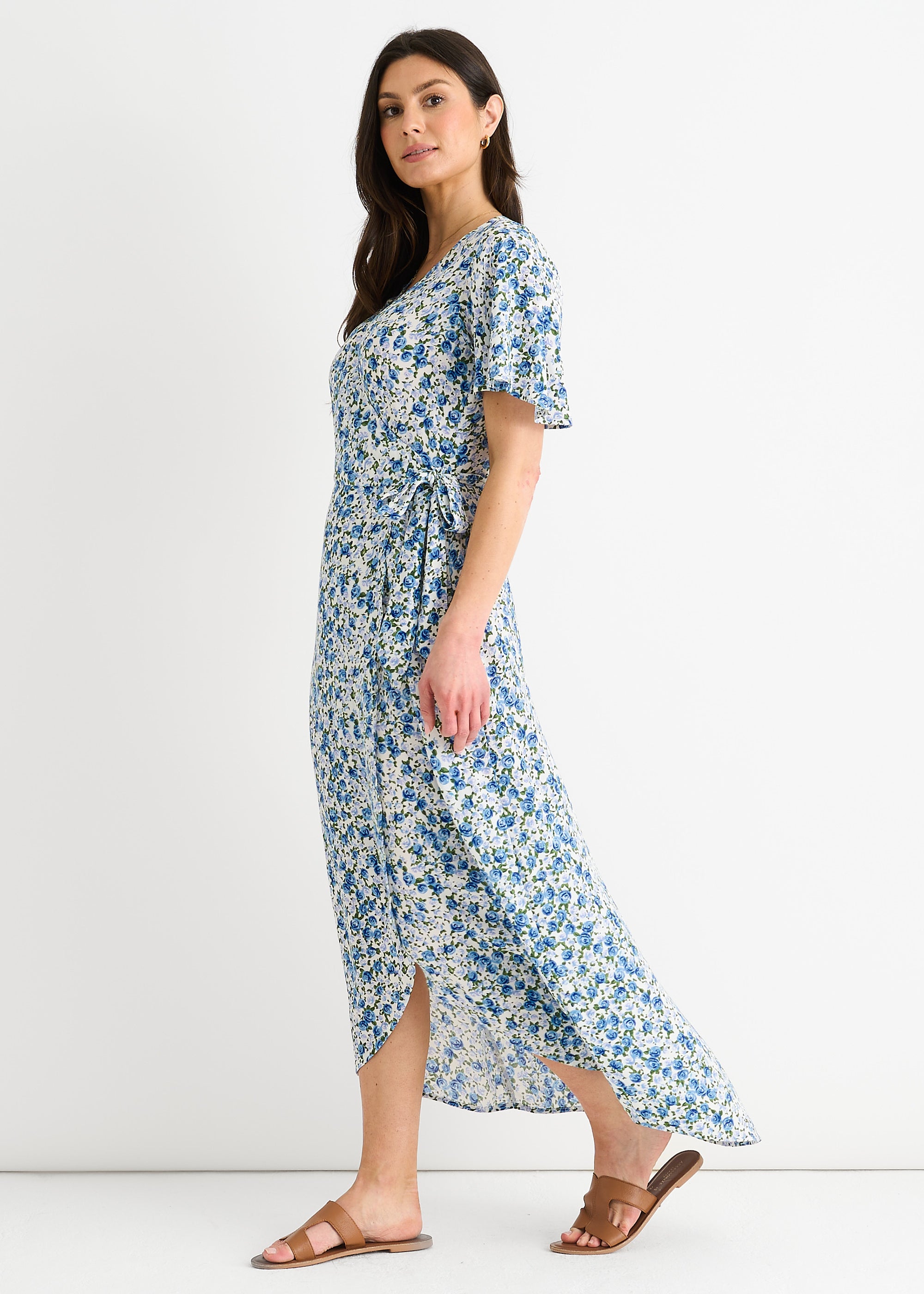 Blue Floral Wrap Midi Dress