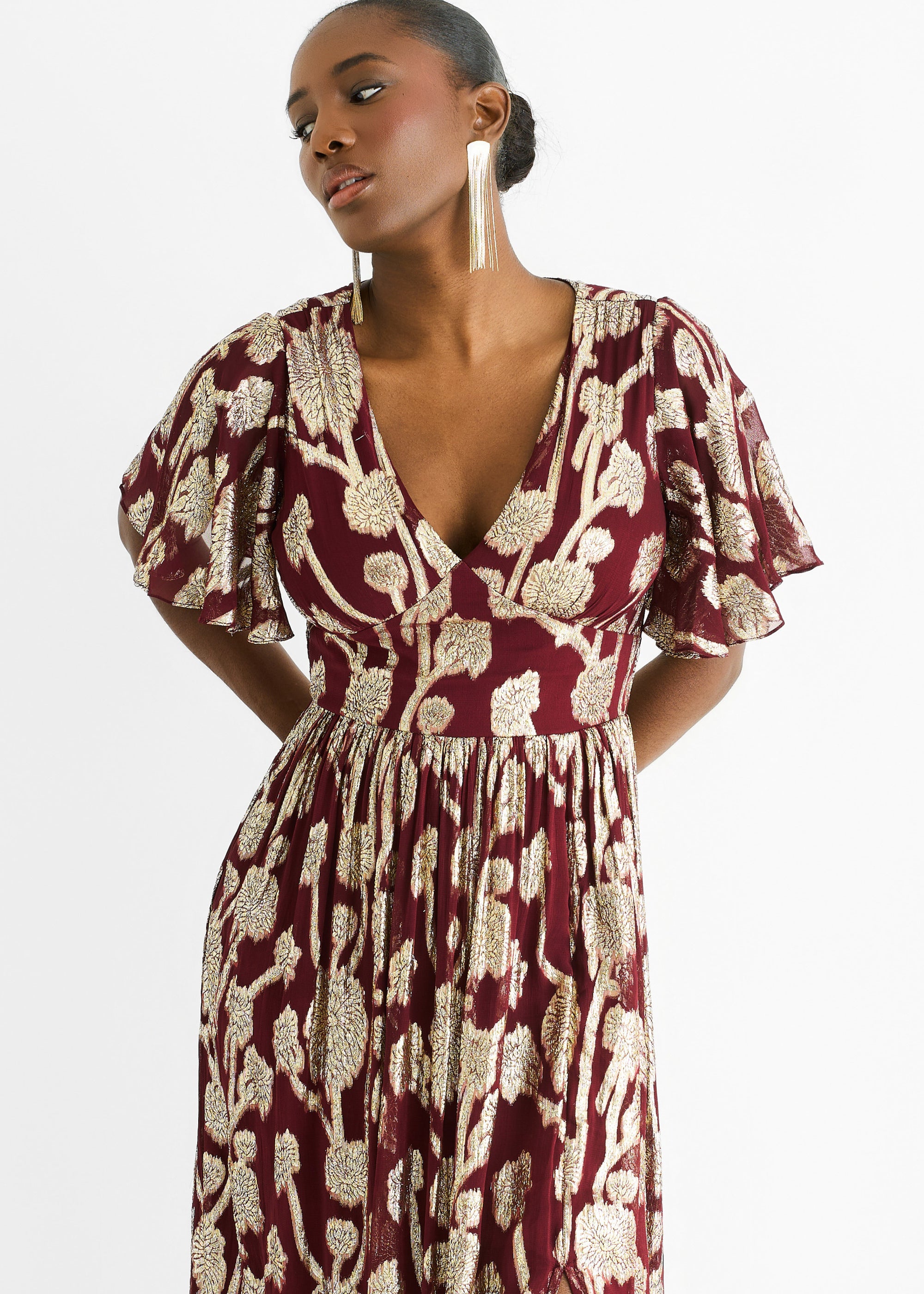 Burgundy Metallic Jacquard Flutter Sleeves Floral Maxi Dress