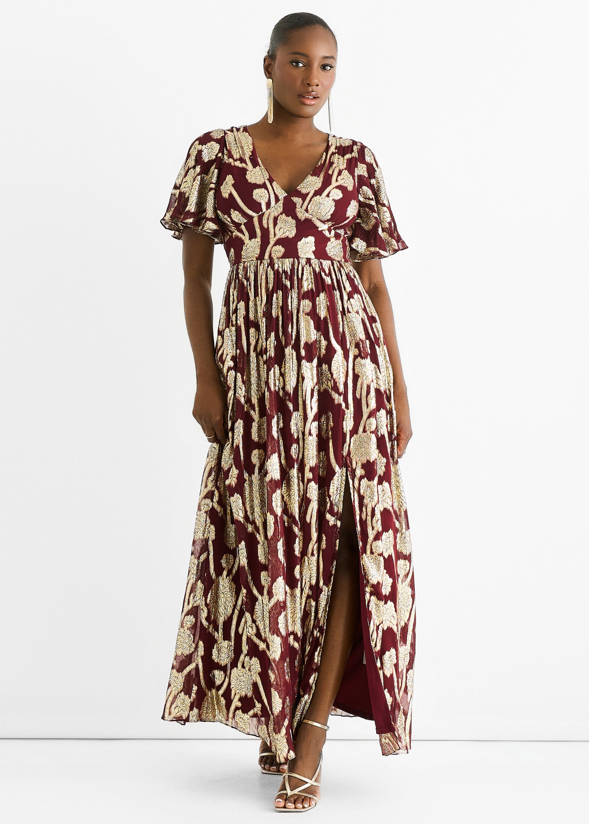 Burgundy Metallic Jacquard Flutter Sleeves Floral Maxi Dress