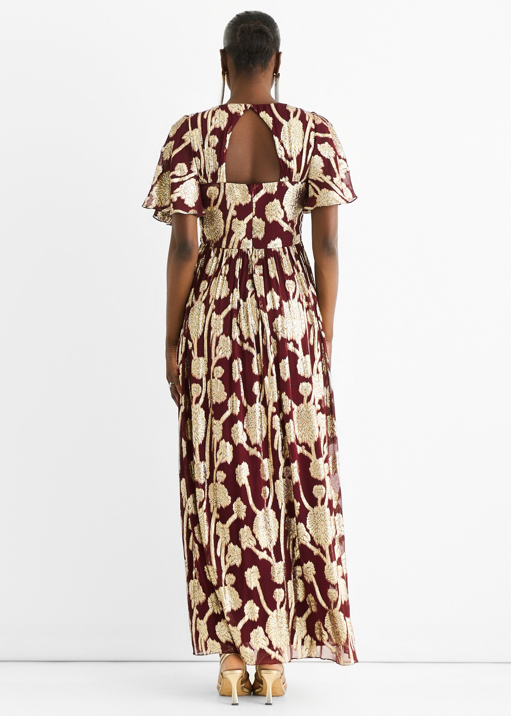 Burgundy Metallic Jacquard Flutter Sleeves Floral Maxi Dress