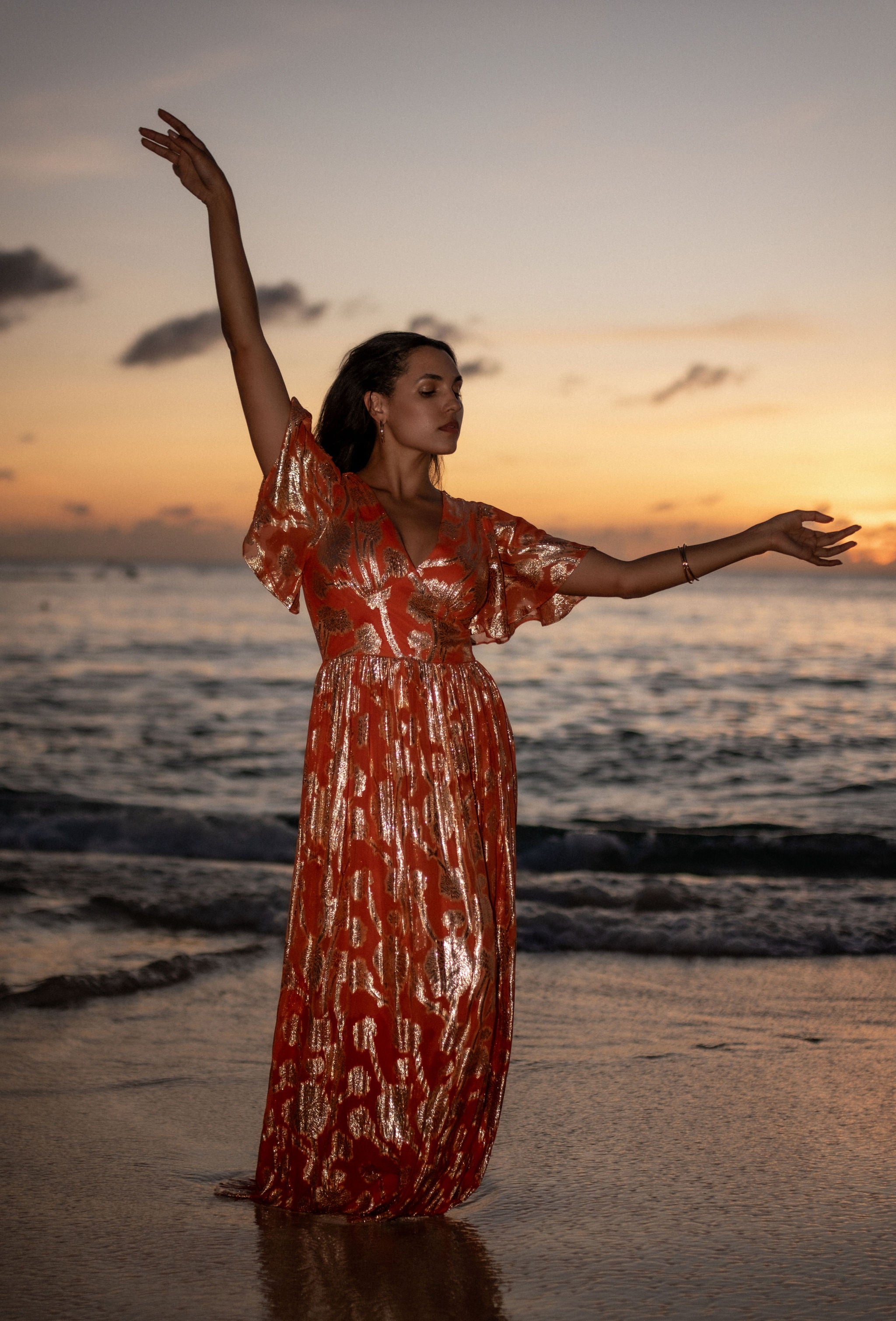 Orange Metallic Jacquard Flutter Sleeves Floral Maxi Dress