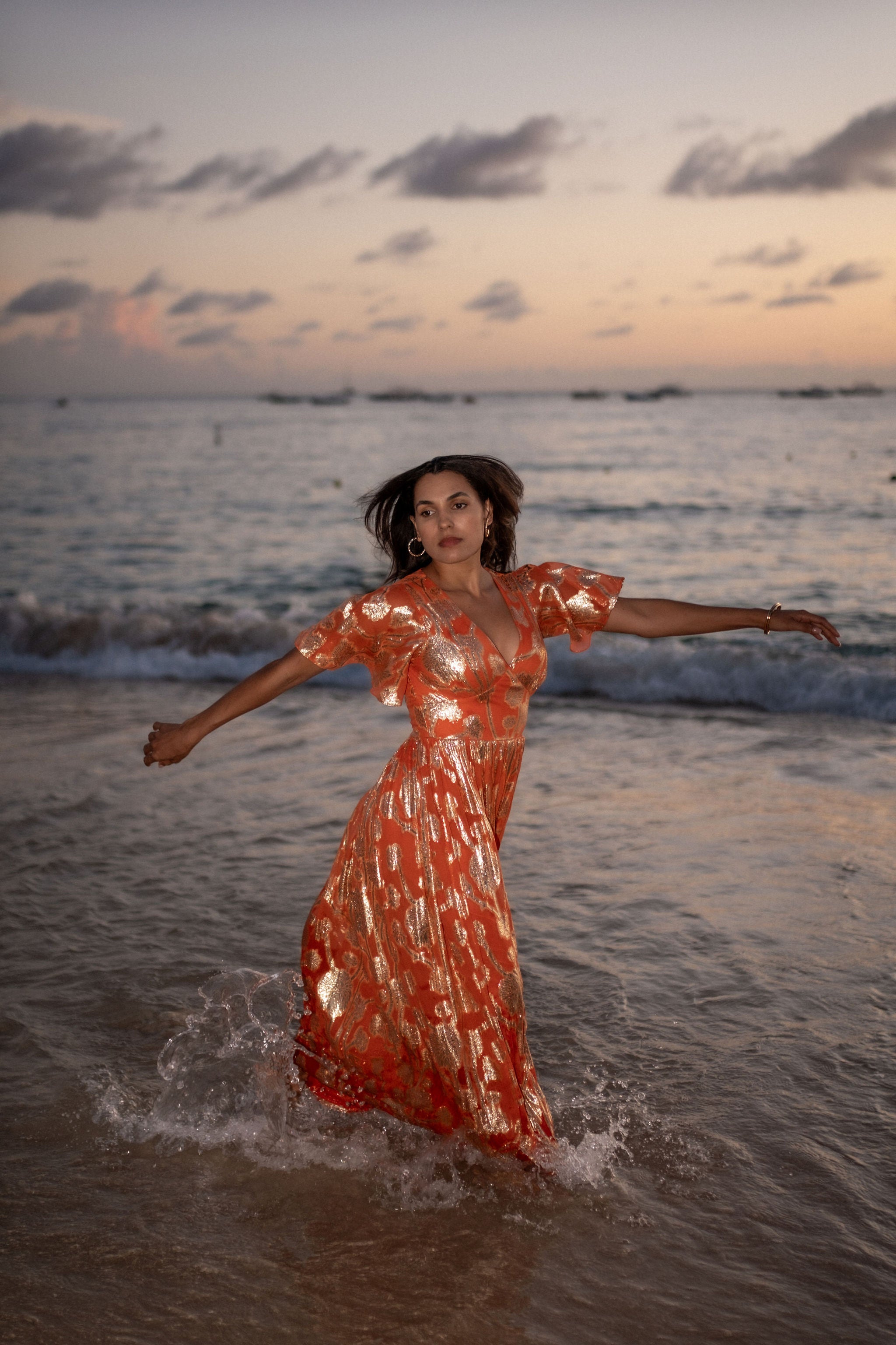 Orange Metallic Jacquard Flutter Sleeves Floral Maxi Dress