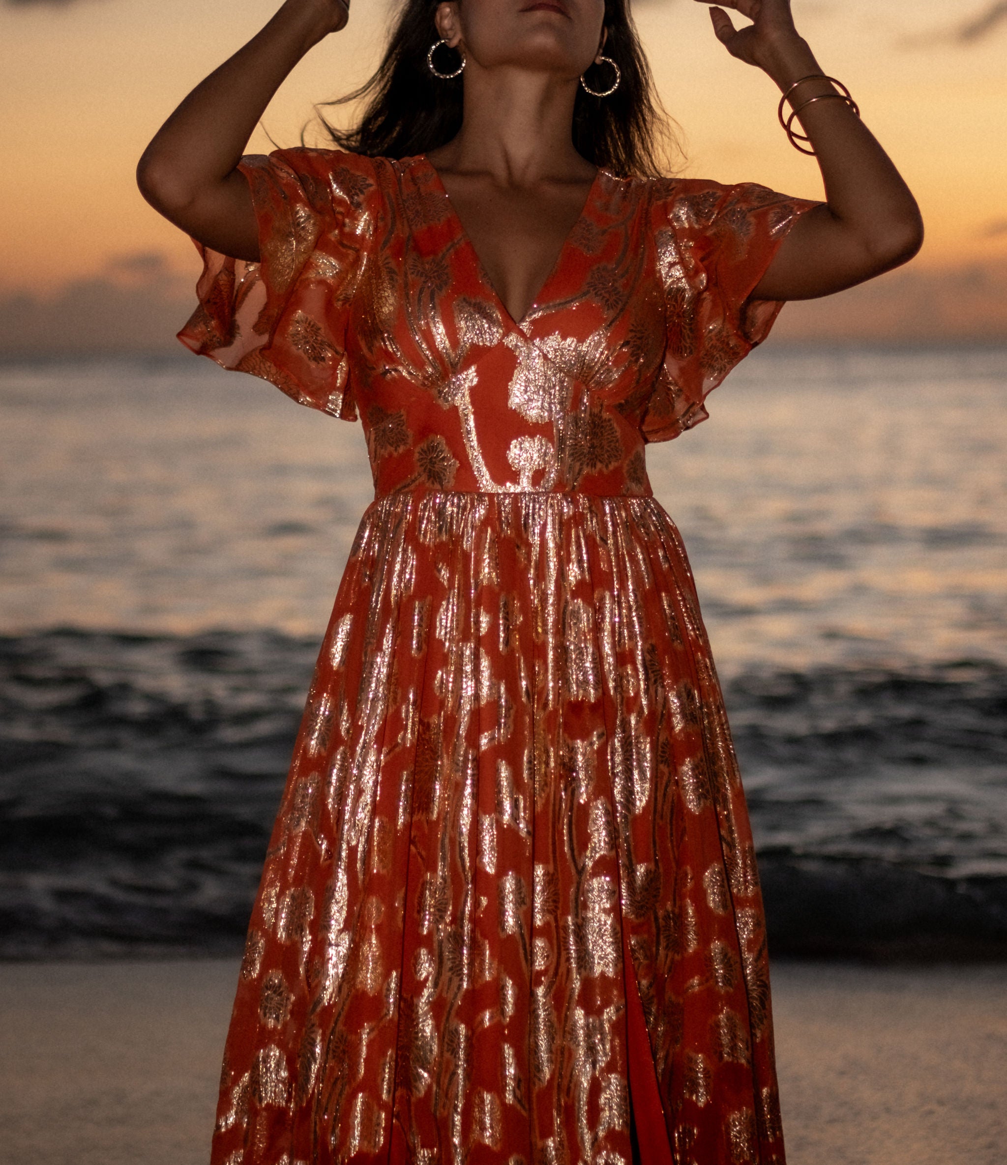 Orange Metallic Jacquard Flutter Sleeves Floral Maxi Dress