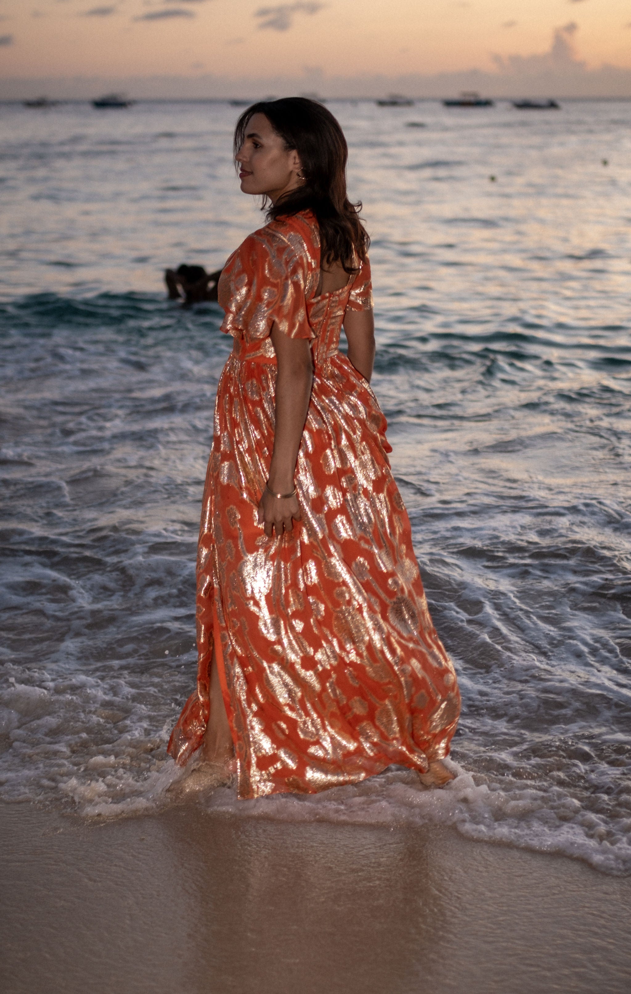 Orange Metallic Jacquard Flutter Sleeves Floral Maxi Dress