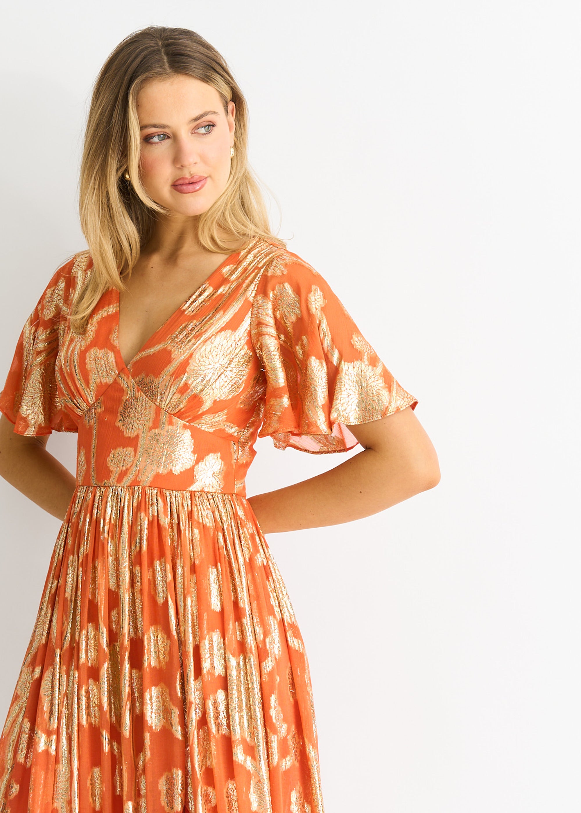 Orange Metallic Jacquard Flutter Sleeves Floral Maxi Dress