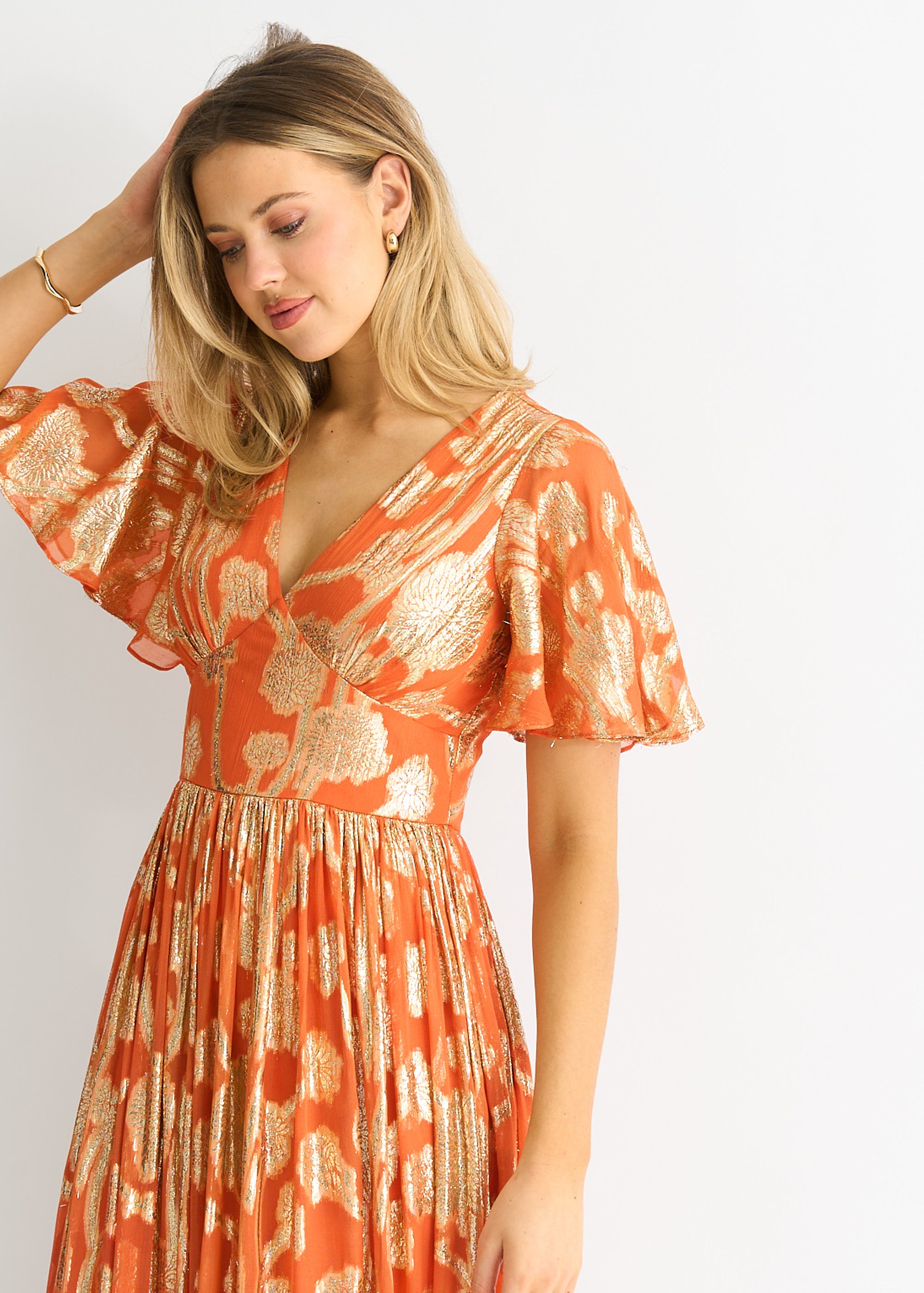 Orange Metallic Jacquard Flutter Sleeves Floral Maxi Dress
