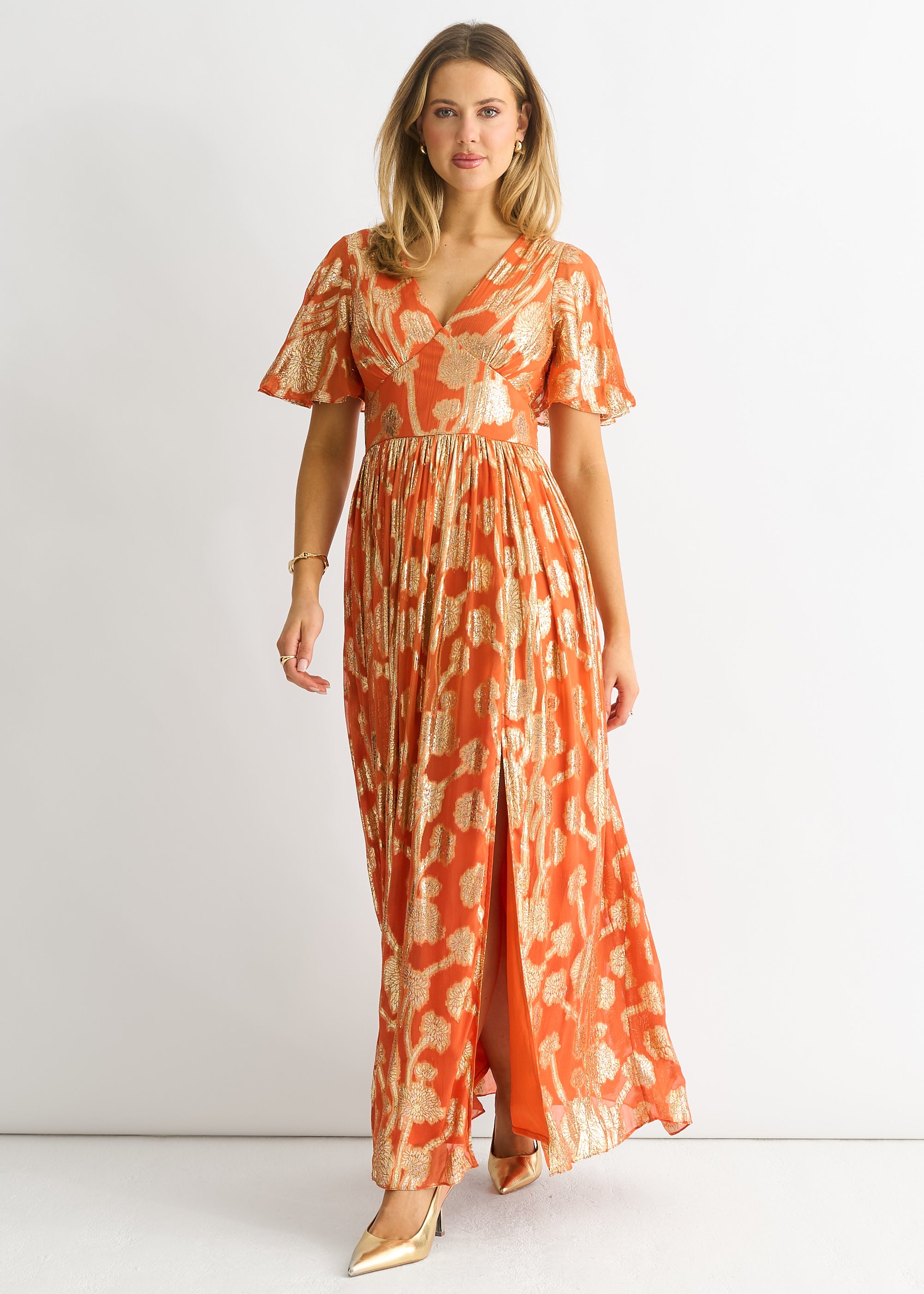 Orange Metallic Jacquard Flutter Sleeves Floral Maxi Dress