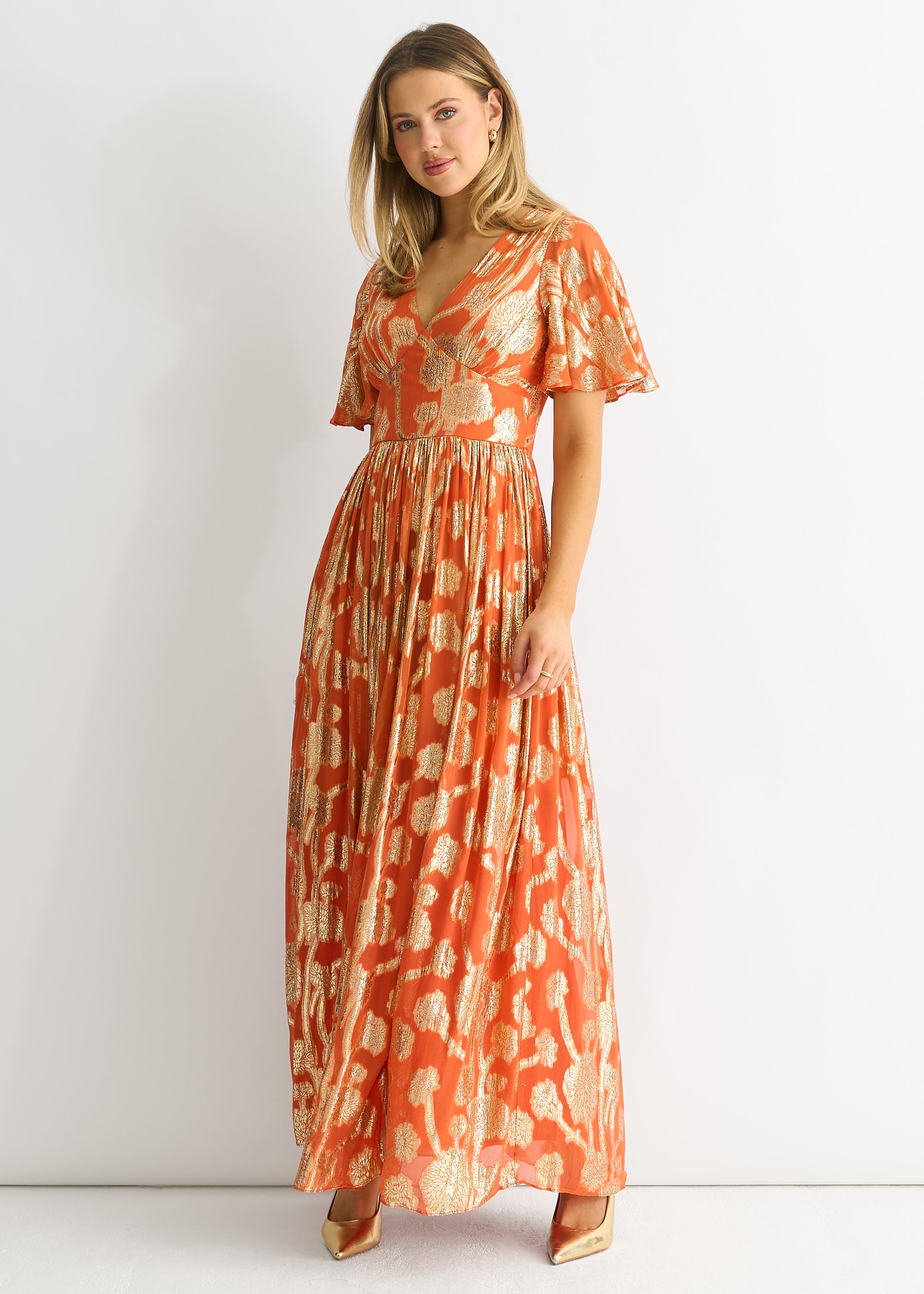 Orange Metallic Jacquard Flutter Sleeves Floral Maxi Dress