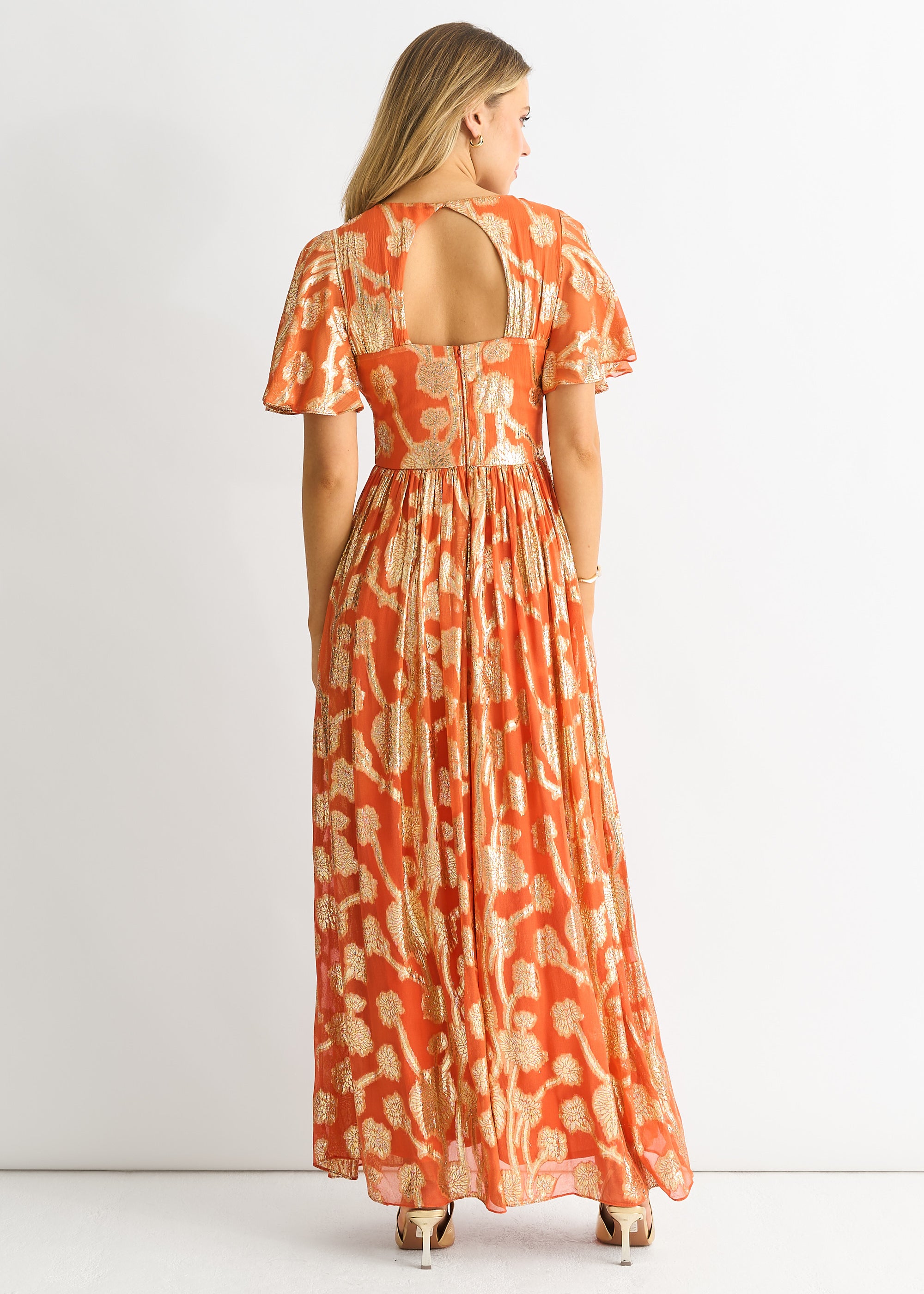 Orange Metallic Jacquard Flutter Sleeves Floral Maxi Dress
