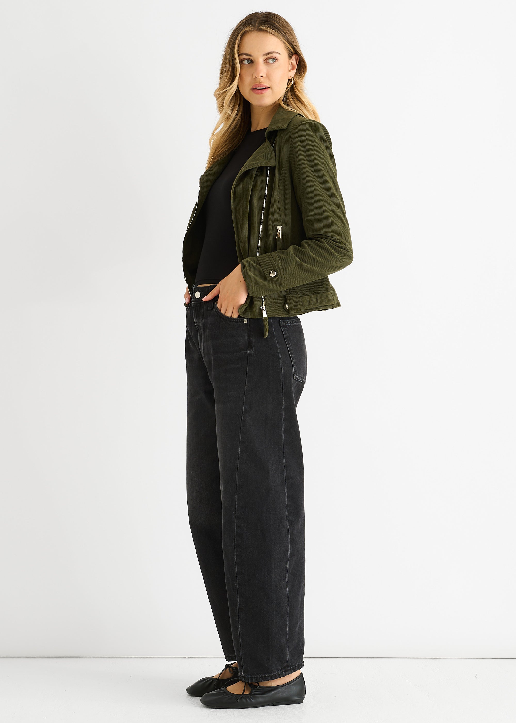 Khaki Corduroy Biker Zip Up Jacket