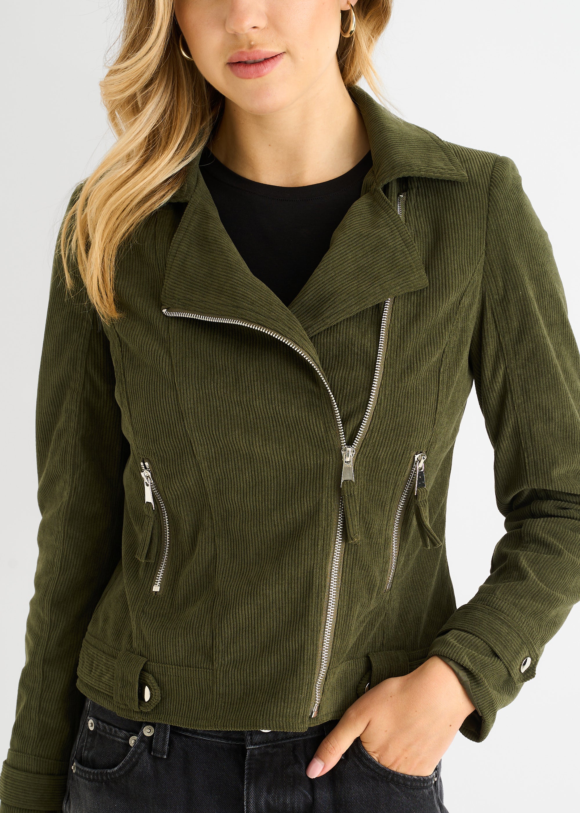 Khaki Corduroy Biker Zip Up Jacket