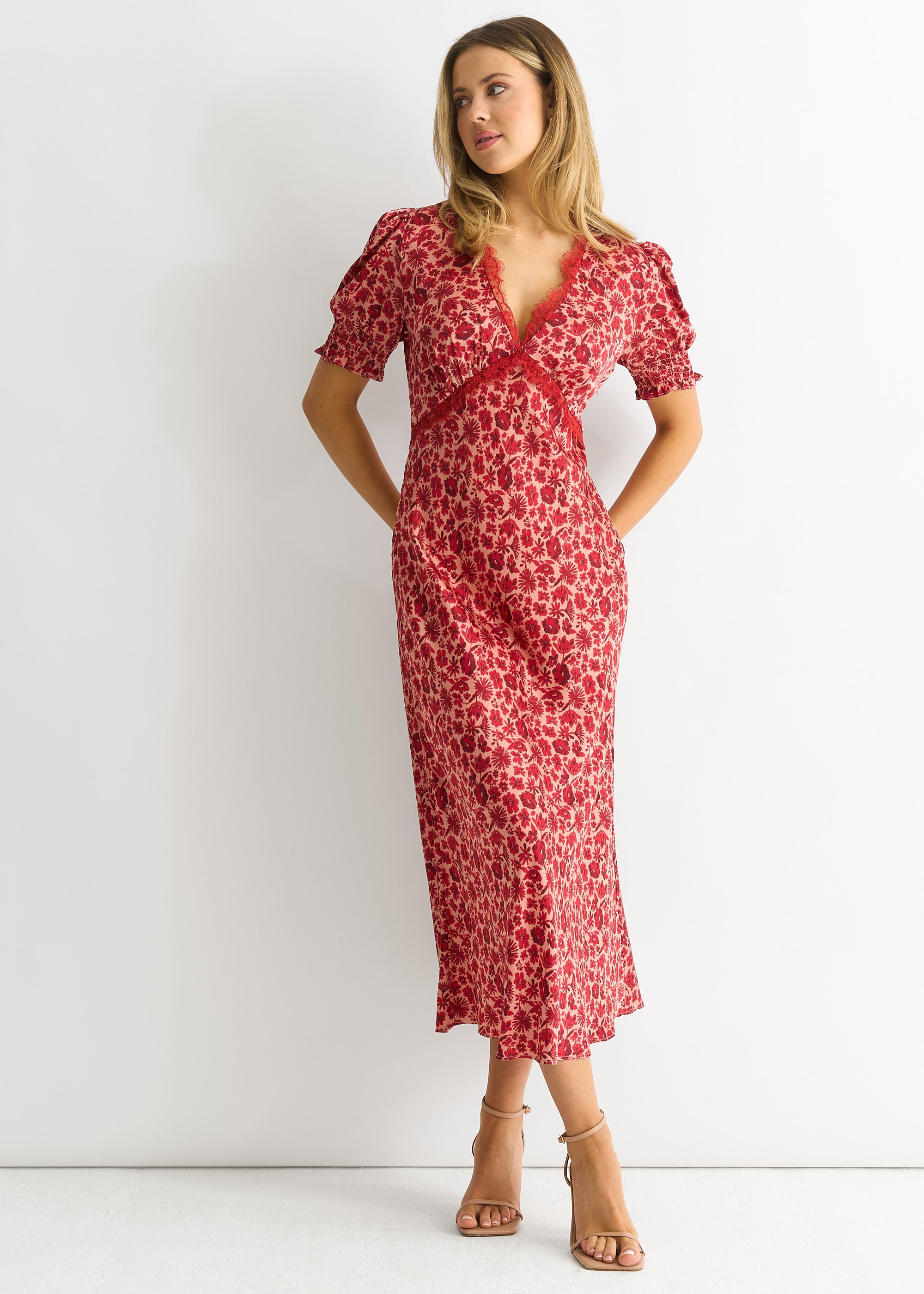 Red Floral Lace Trim V Neck Midi Dress