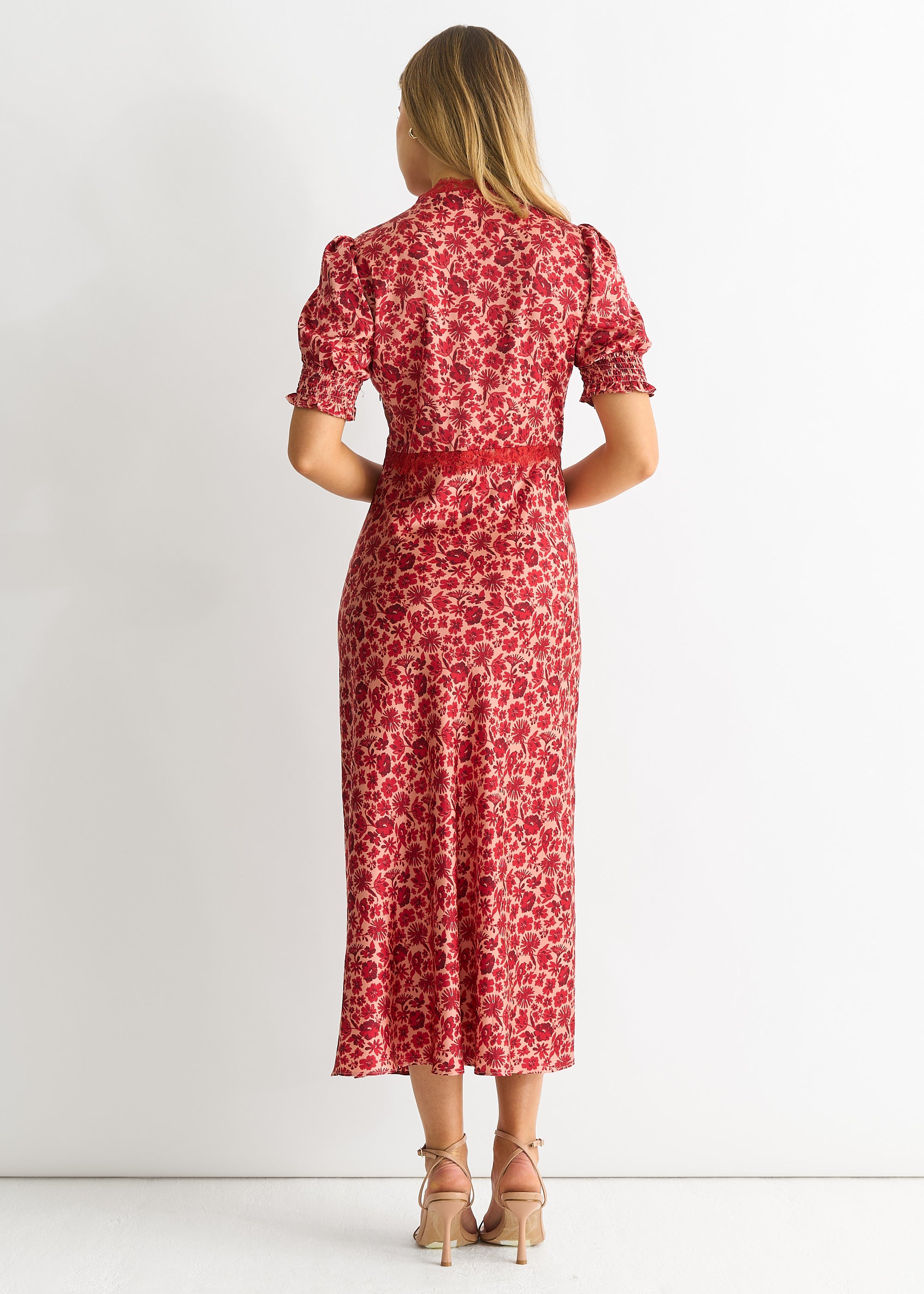 Red Floral Lace Trim V Neck Midi Dress