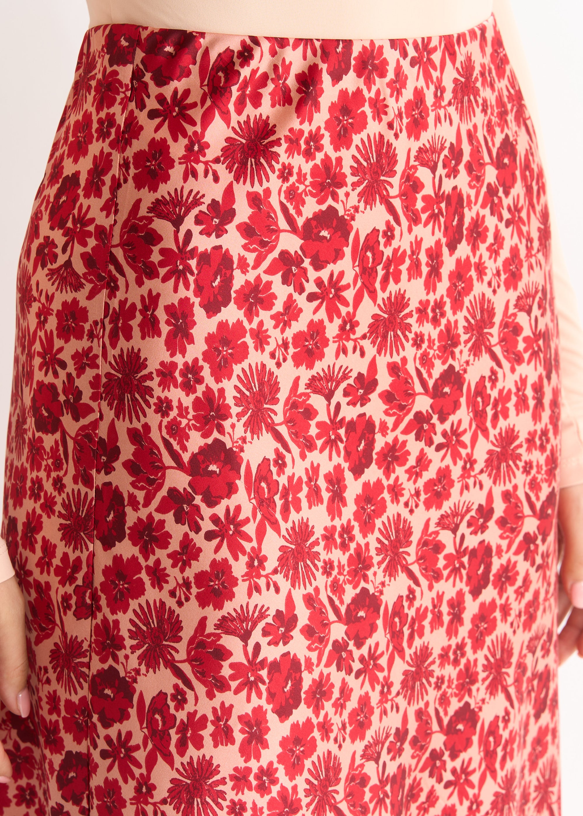 Red Floral Lace Trim Bias Midi Skirt
