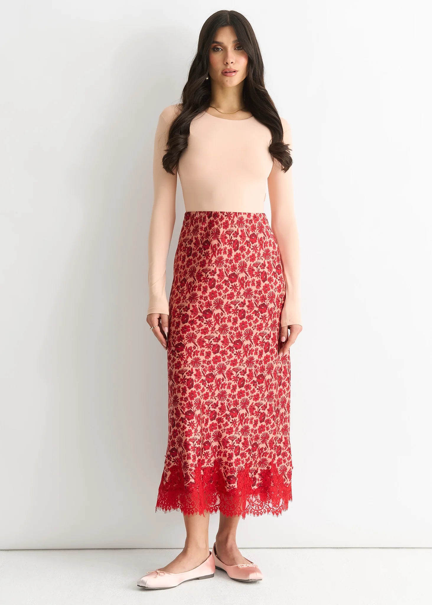 Red Floral Lace Trim Bias Midi Skirt
