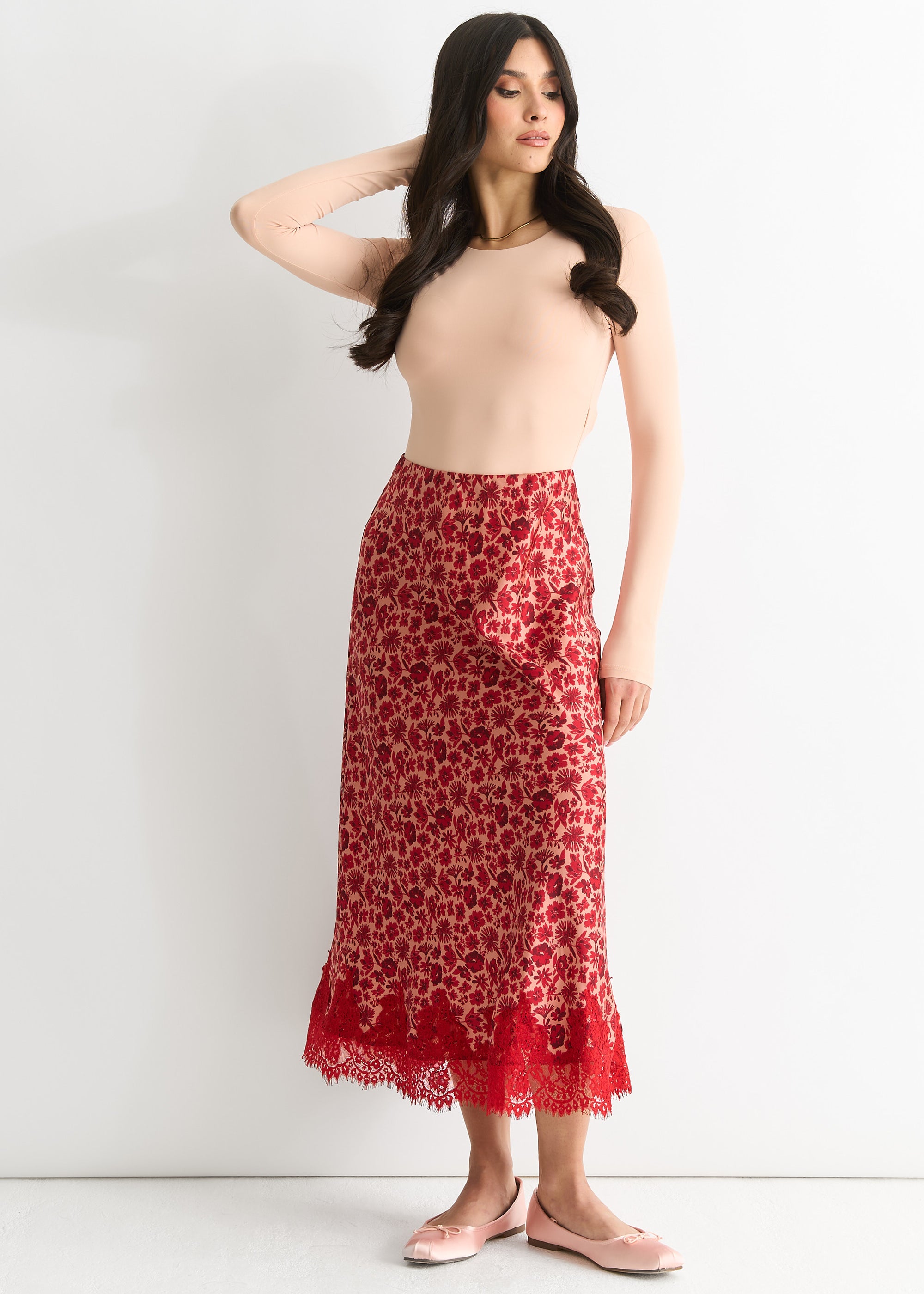 Red Floral Lace Trim Bias Midi Skirt