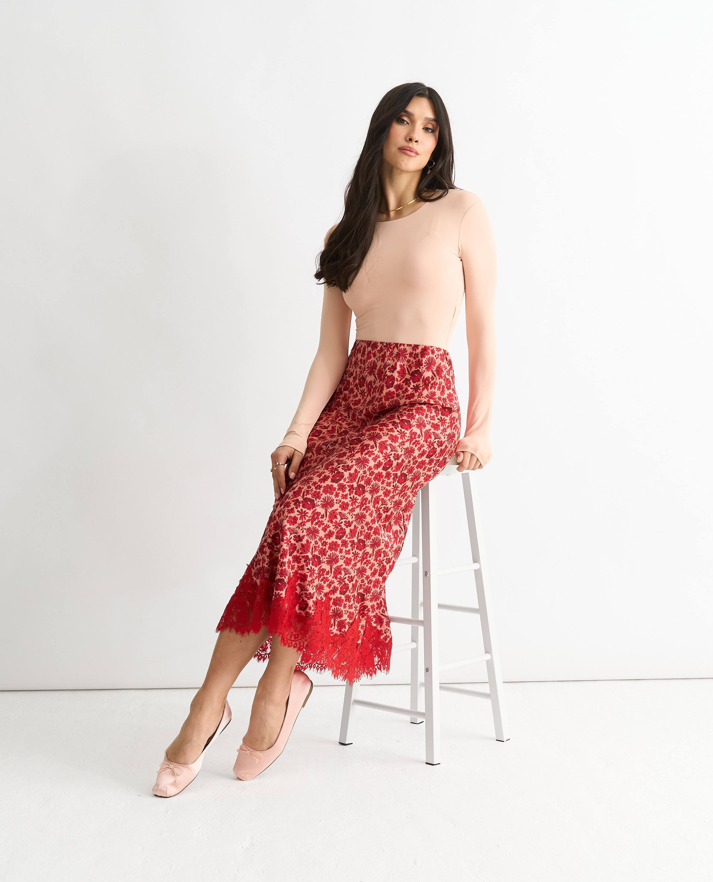Red Floral Lace Trim Bias Midi Skirt