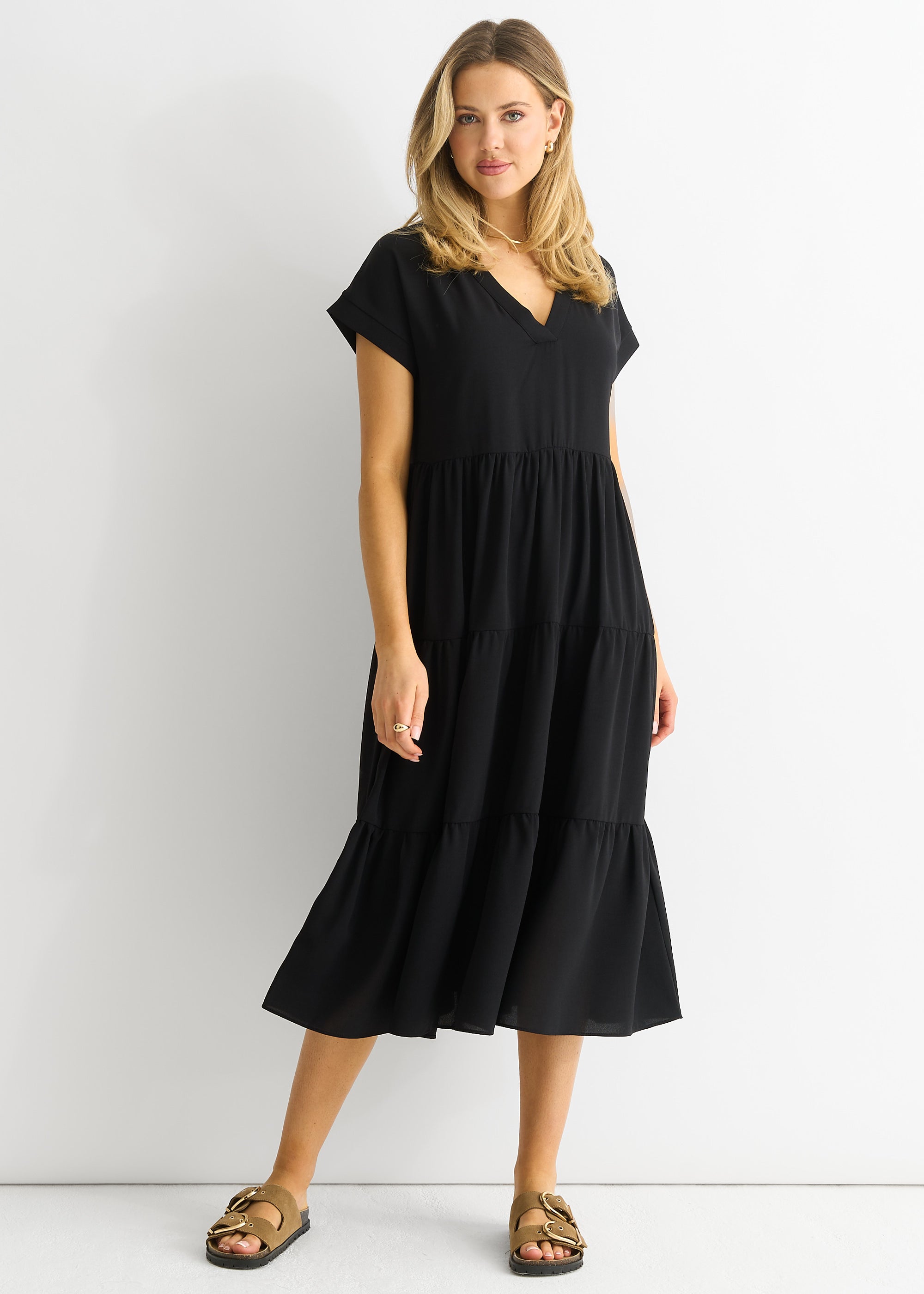 Black V Neck Pocket Smock Midi Dress