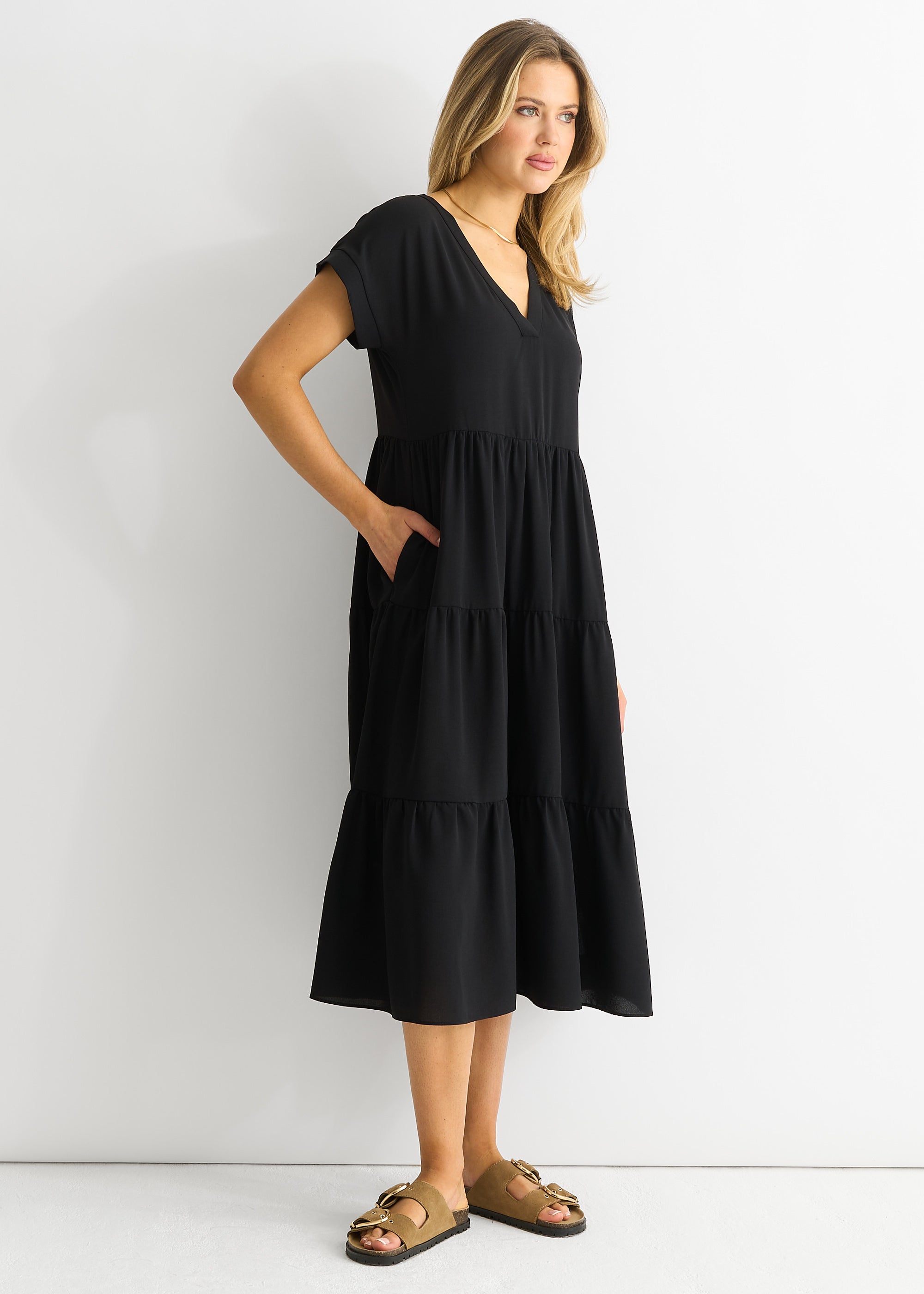 Black V Neck Pocket Smock Midi Dress