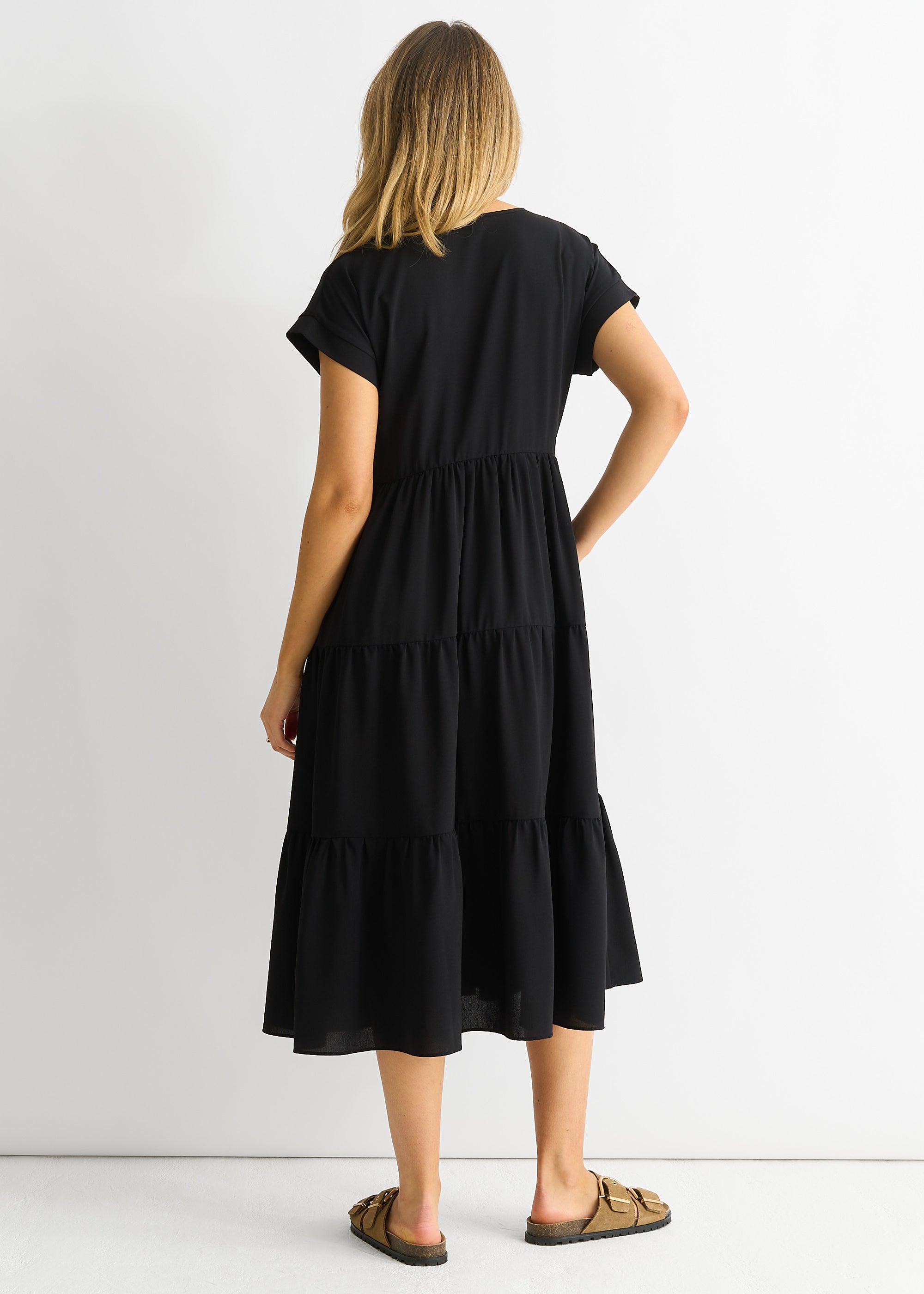 Black V Neck Pocket Smock Midi Dress