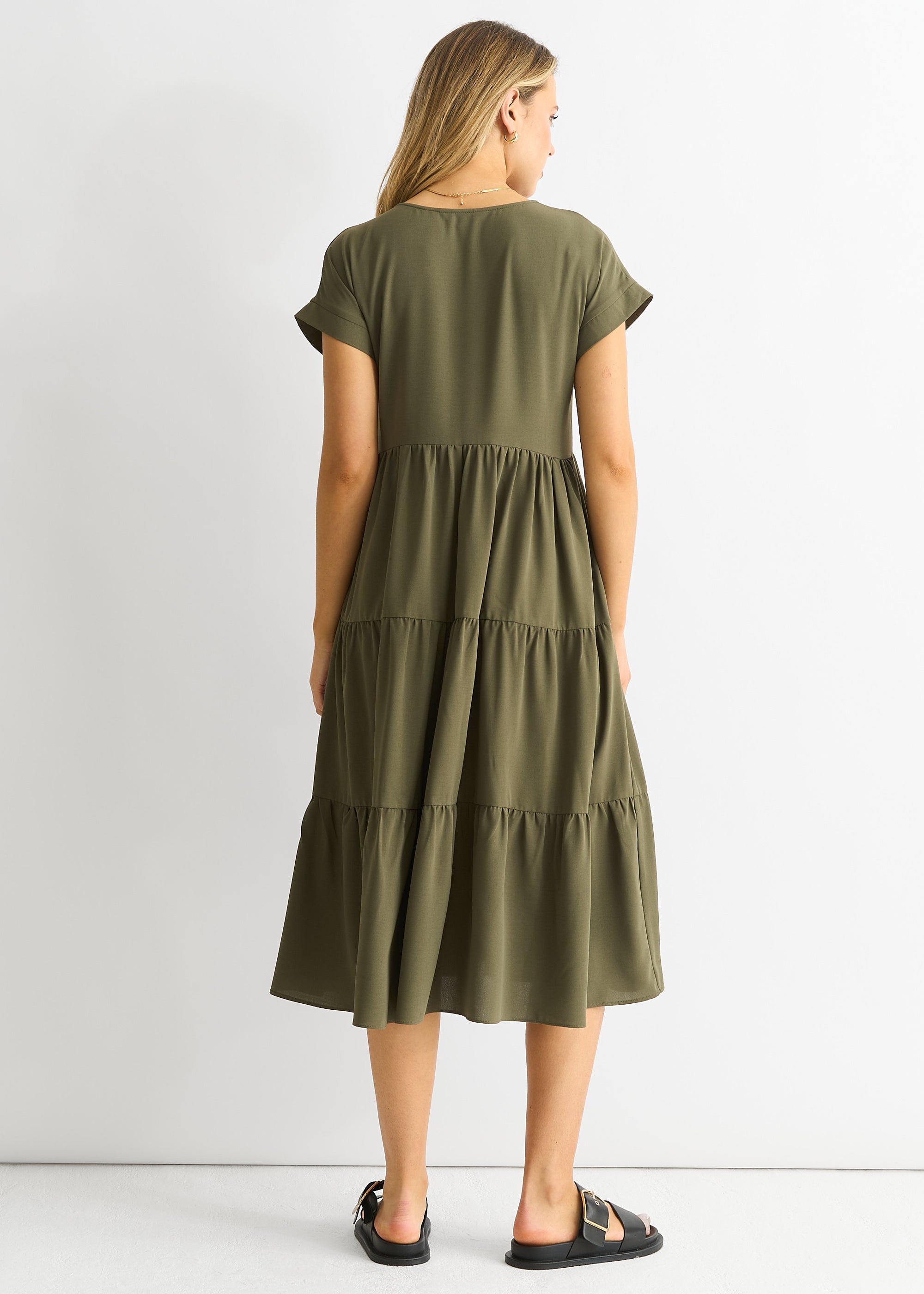 Khaki V Neck Pocket Smock Midi Dress