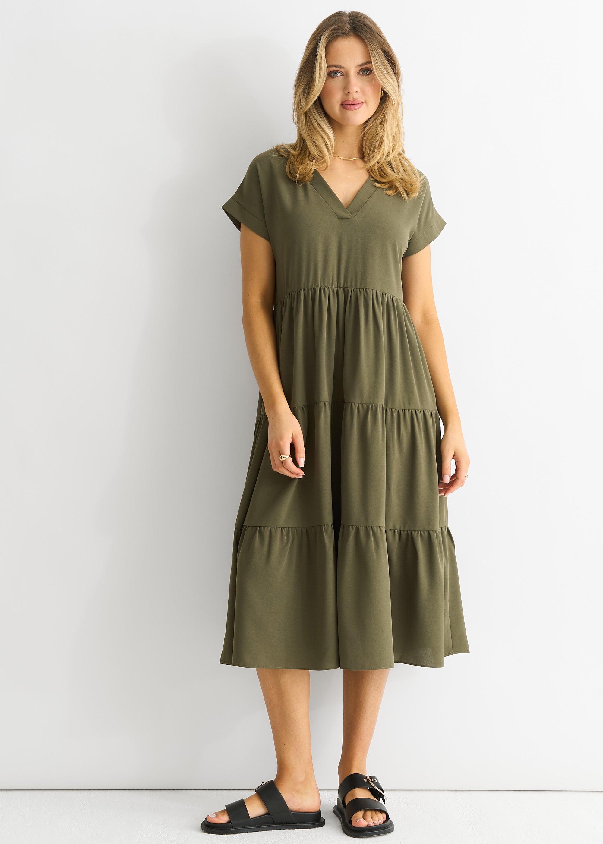 Khaki V Neck Pocket Smock Midi Dress