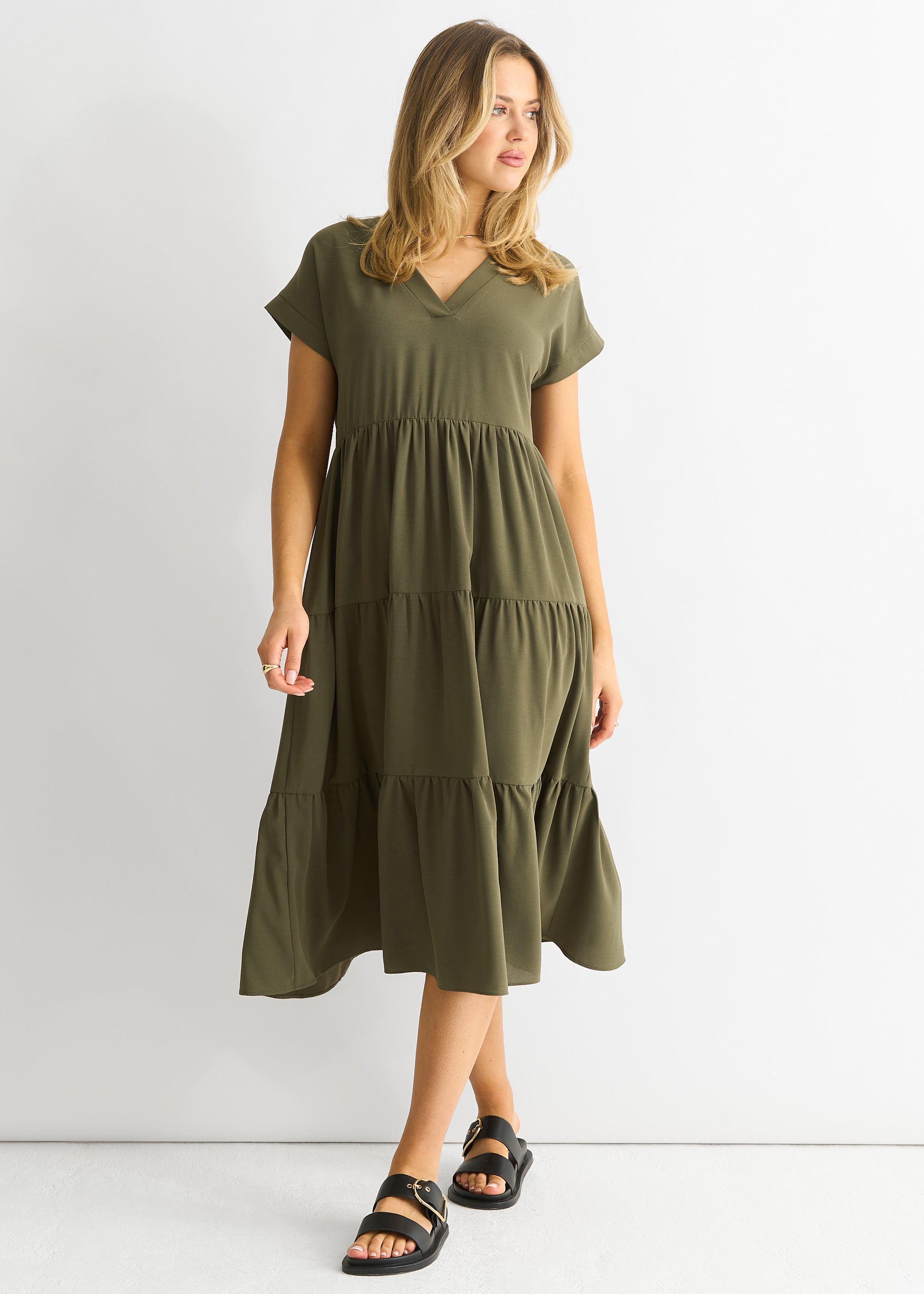 Khaki V Neck Pocket Smock Midi Dress