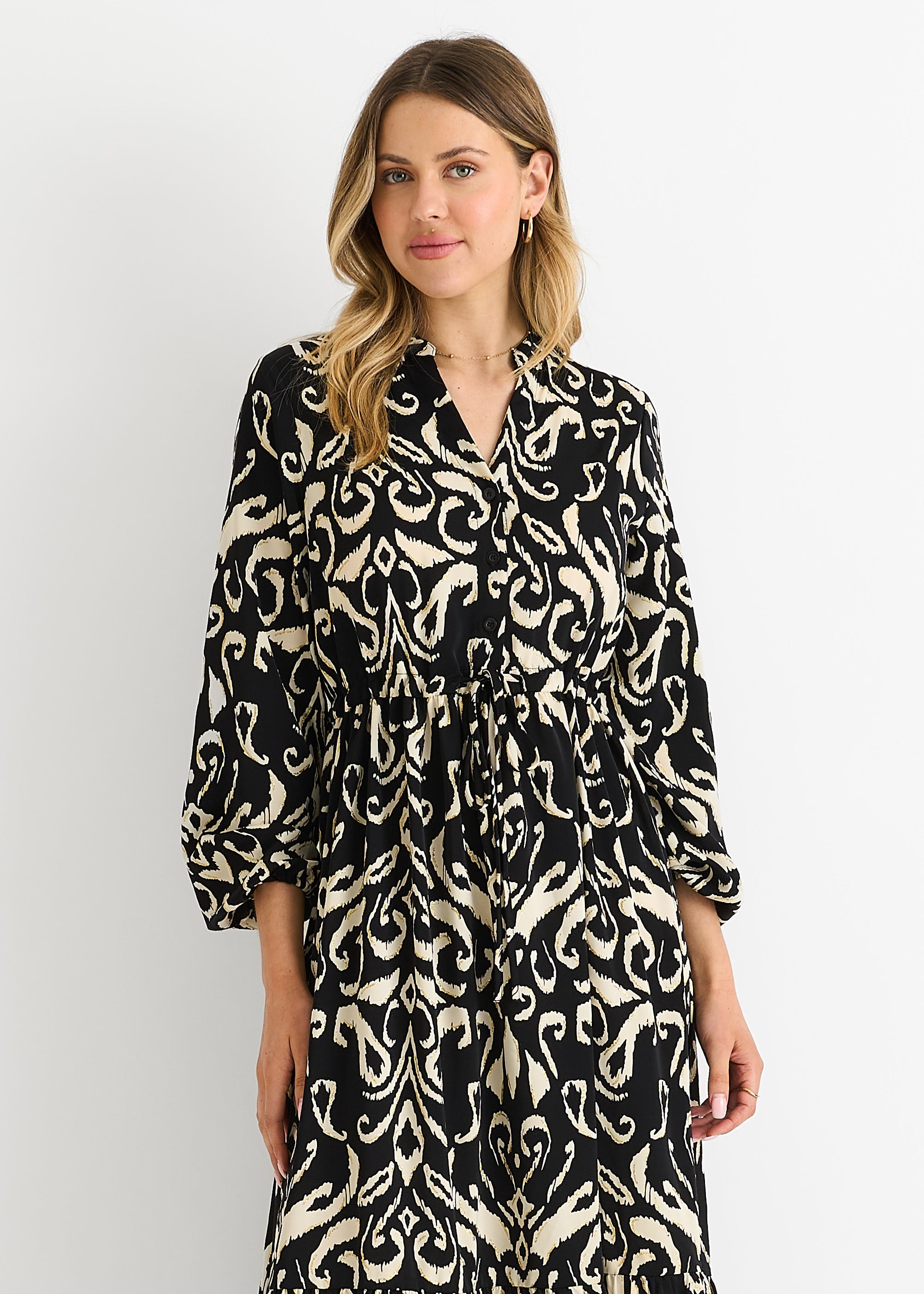 Black Ikat Print Tie Waist Maxi Dress