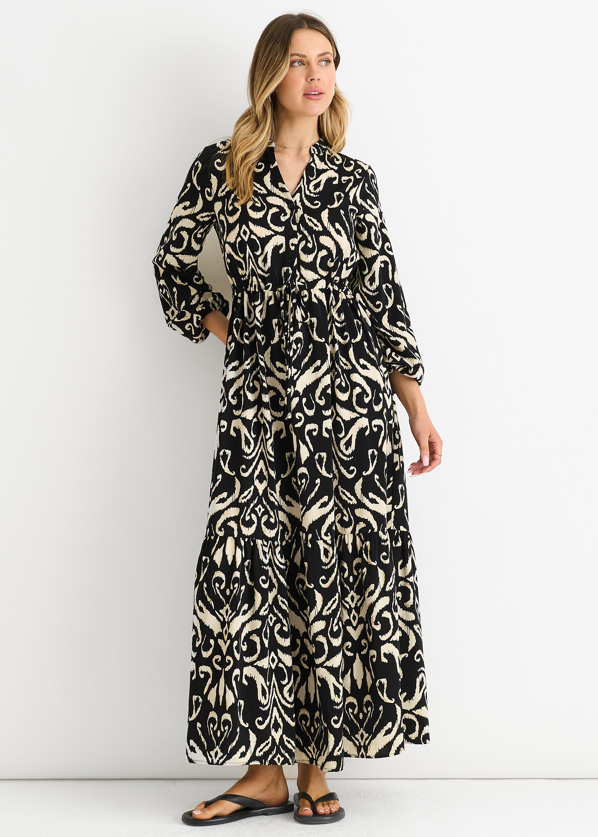Black Ikat Print Tie Waist Maxi Dress