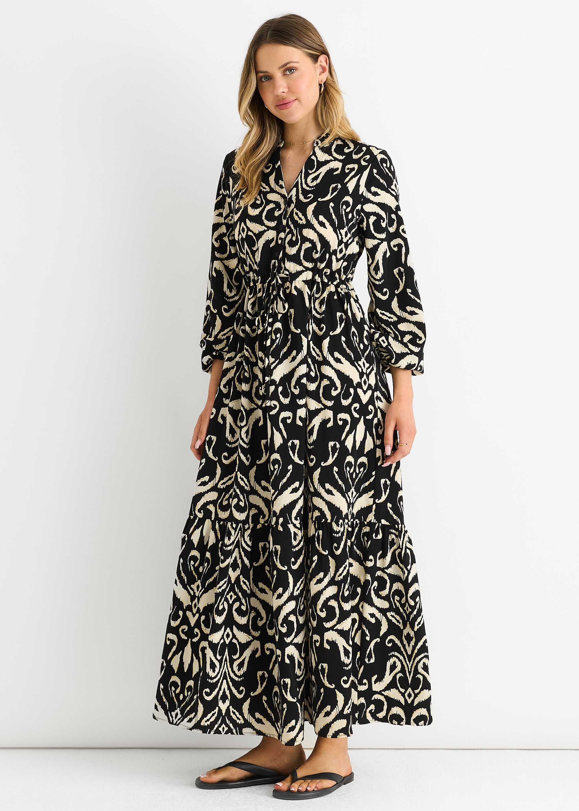 Black Ikat Print Tie Waist Maxi Dress