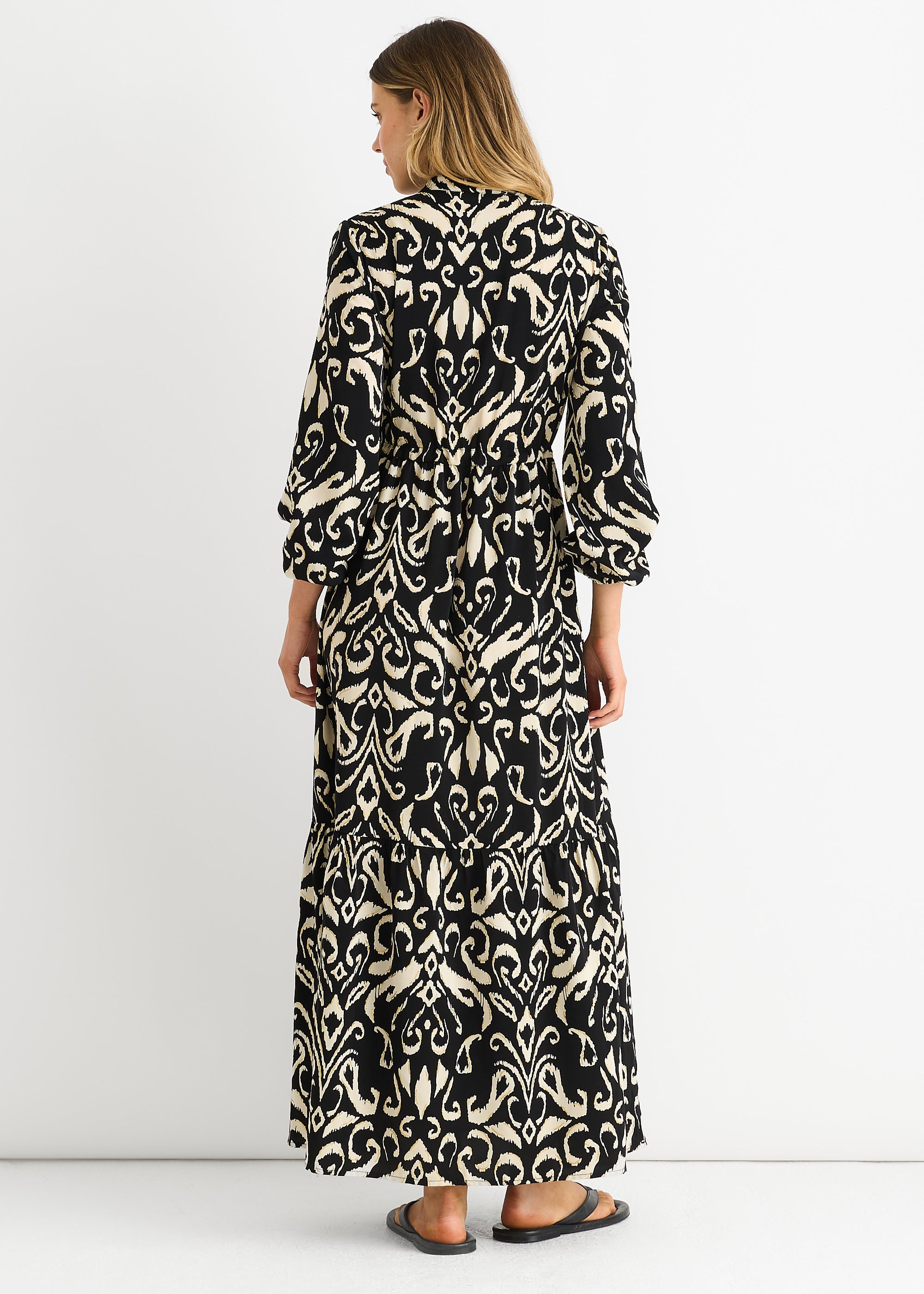 Black Ikat Print Tie Waist Maxi Dress