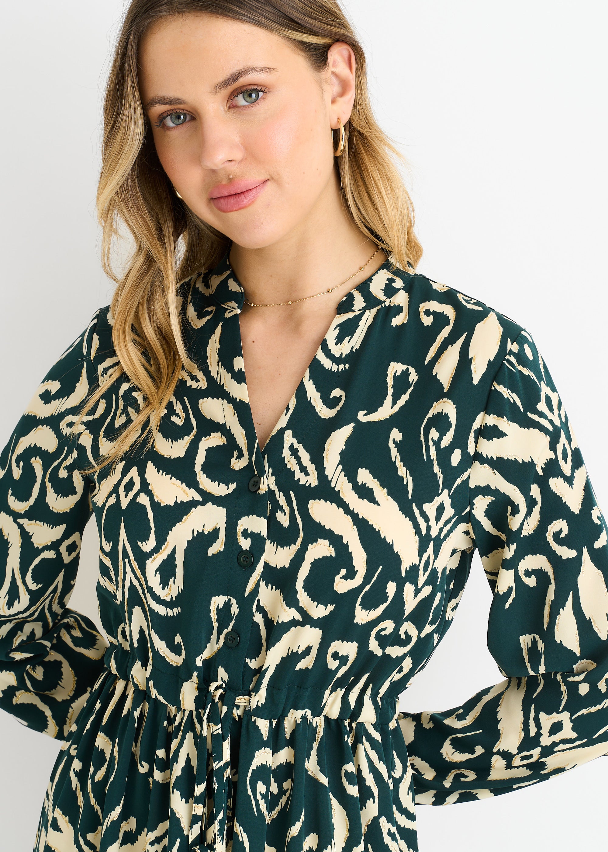 Green Ikat Print Tie Waist Maxi Dress