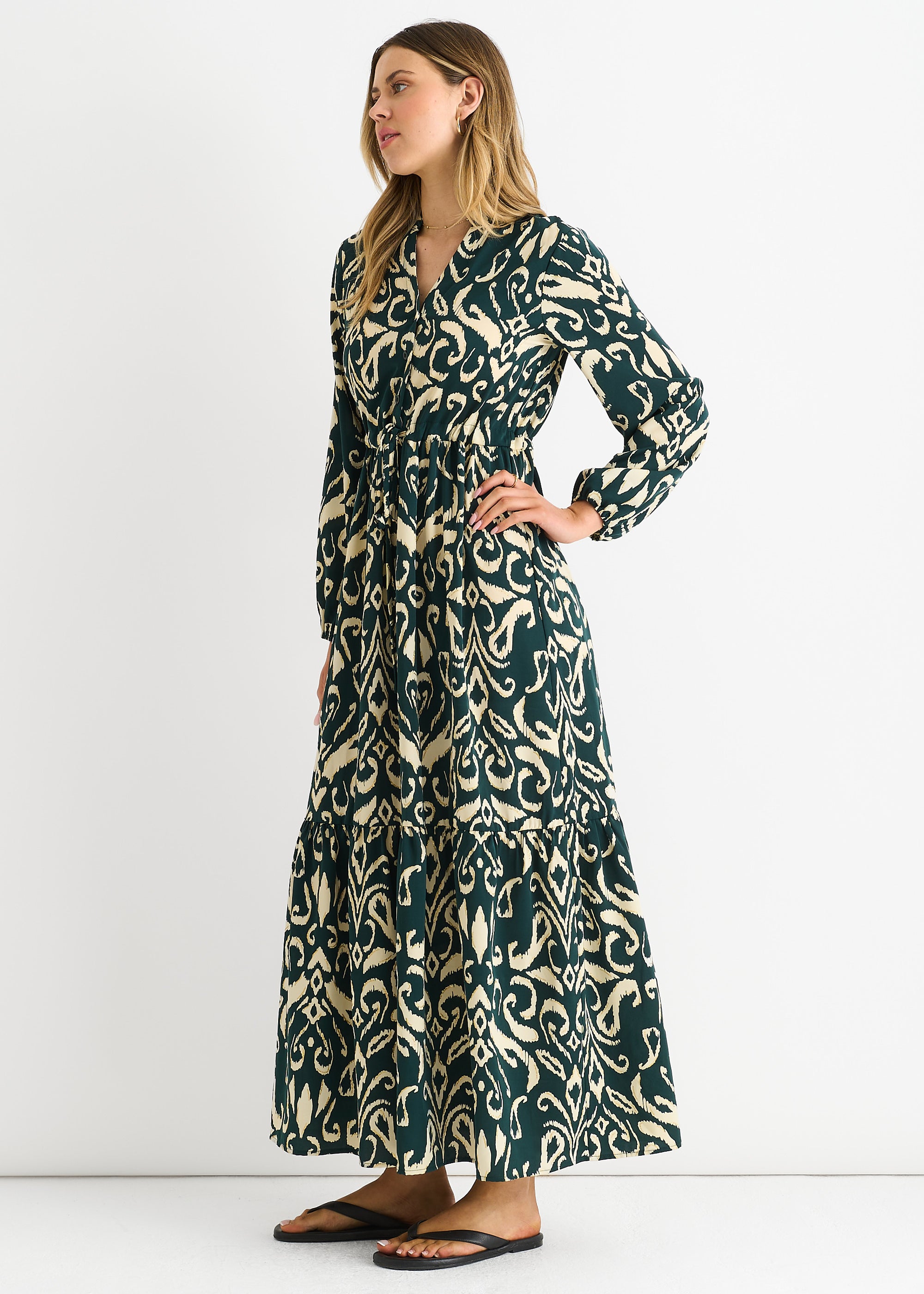 Green Ikat Print Tie Waist Maxi Dress