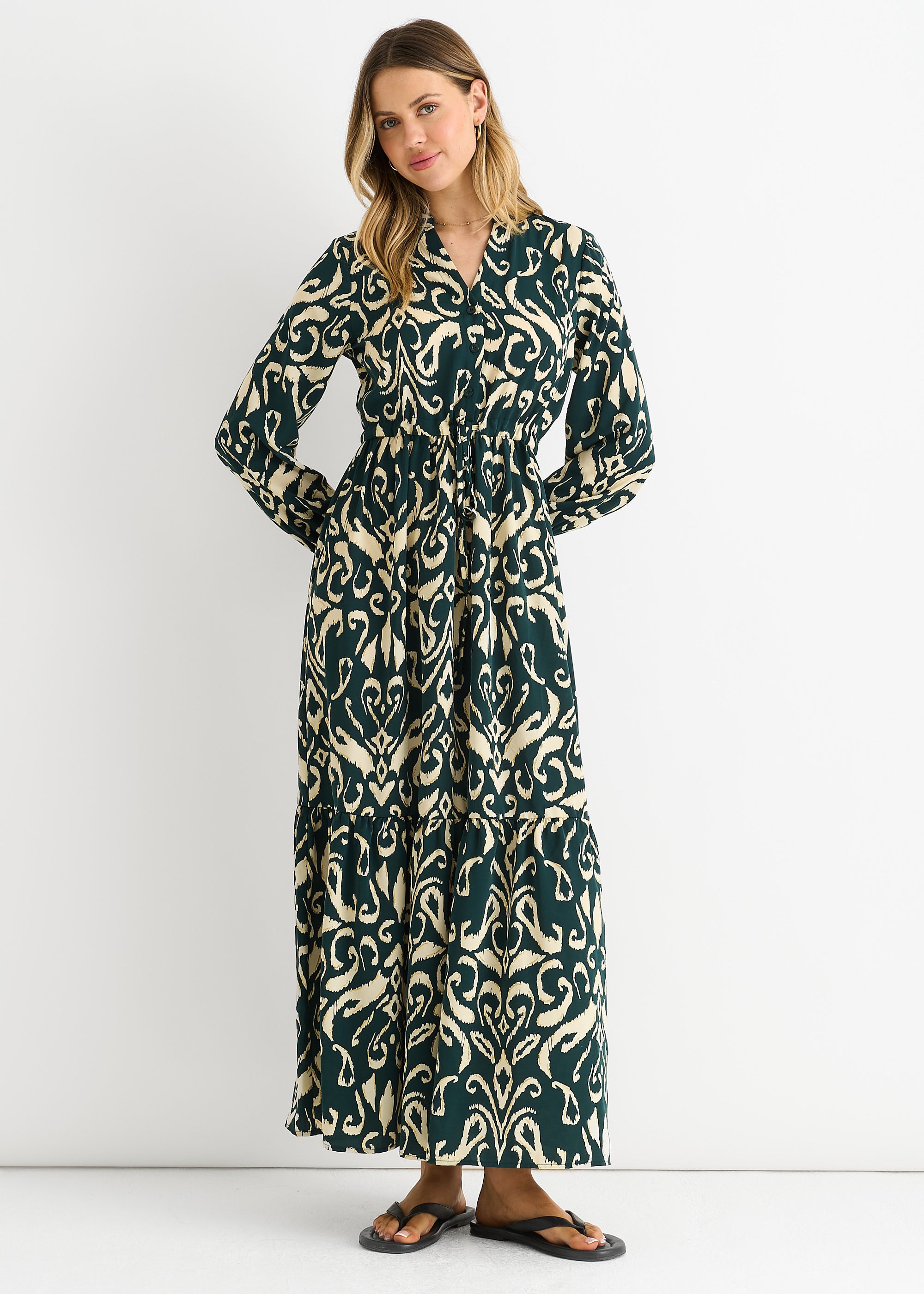 Green Ikat Print Tie Waist Maxi Dress