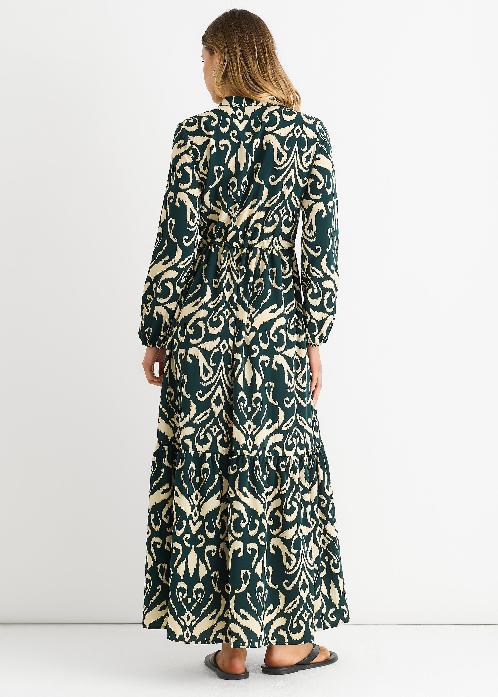 Green Ikat Print Tie Waist Maxi Dress