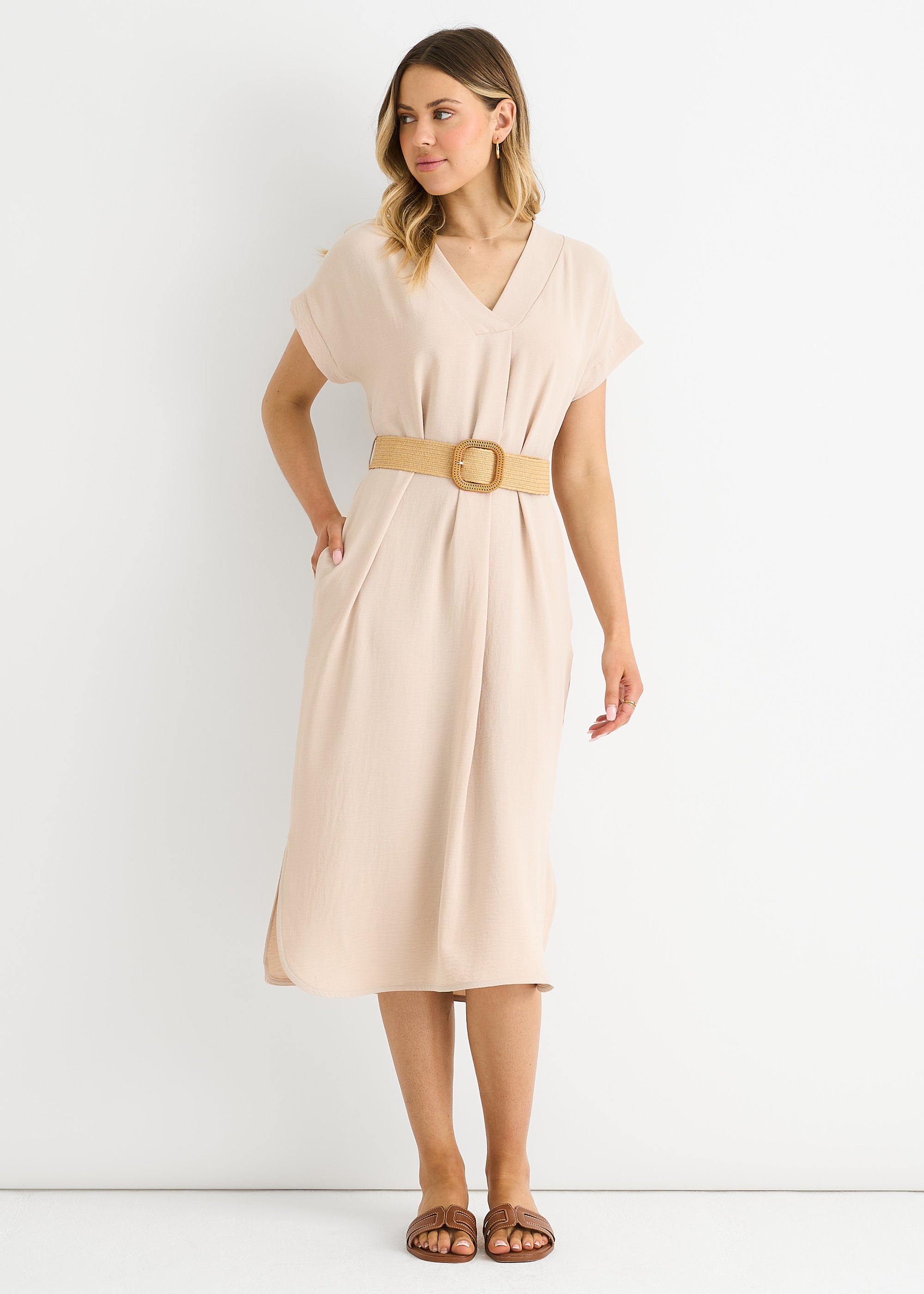 Beige Air Flow Belted Oversized Dress