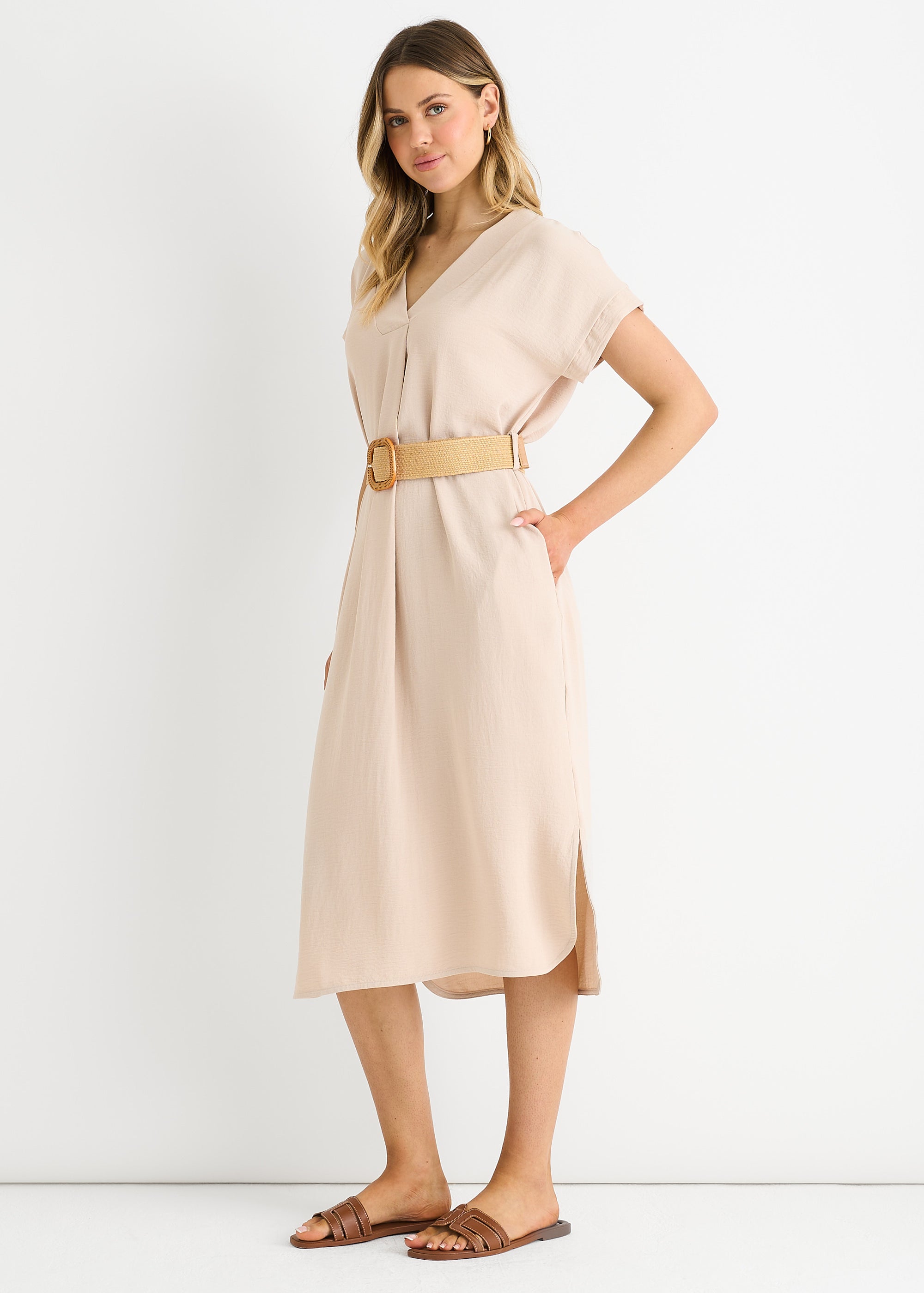 Beige Air Flow Belted Oversized Dress