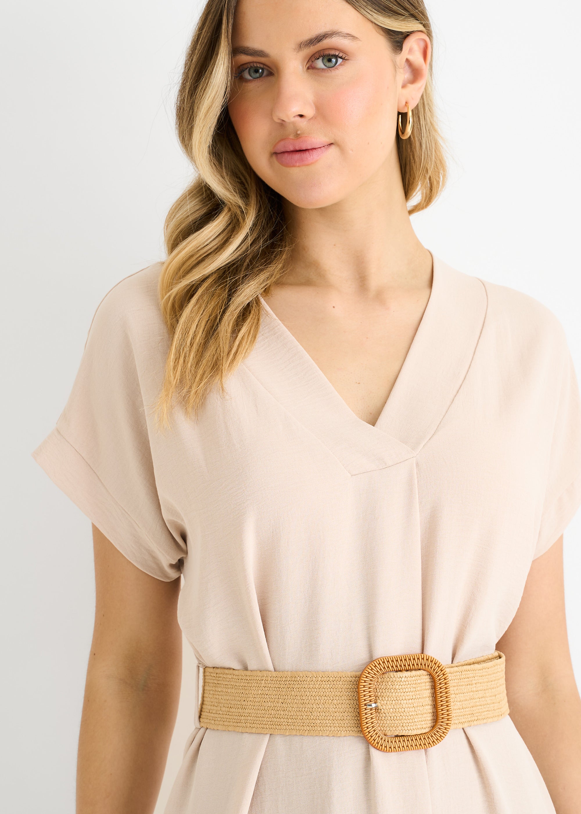 Beige Air Flow Belted Oversized Dress